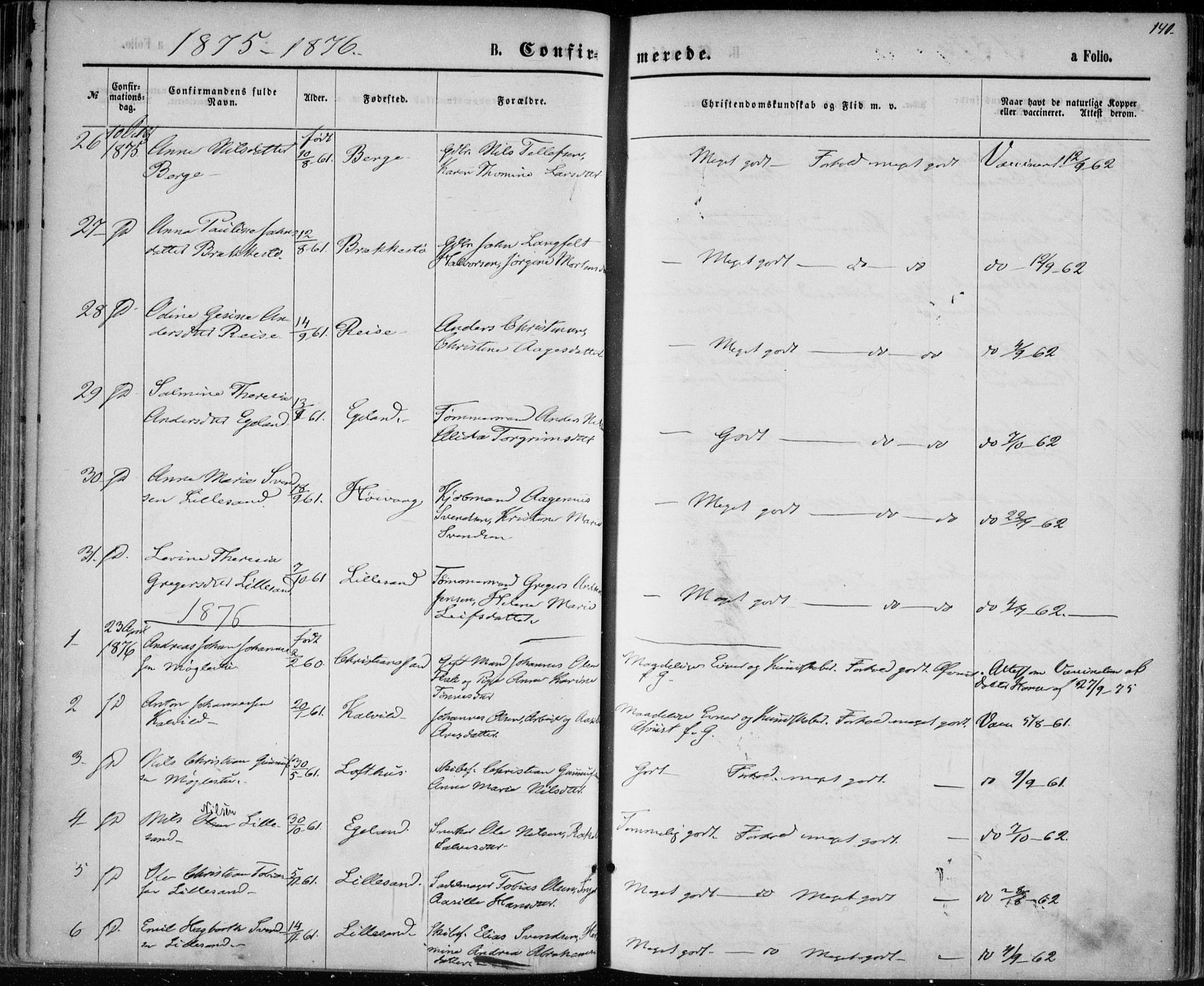 Vestre Moland sokneprestkontor, SAK/1111-0046/F/Fa/Fab/L0008: Parish register (official) no. A 8, 1873-1883, p. 140