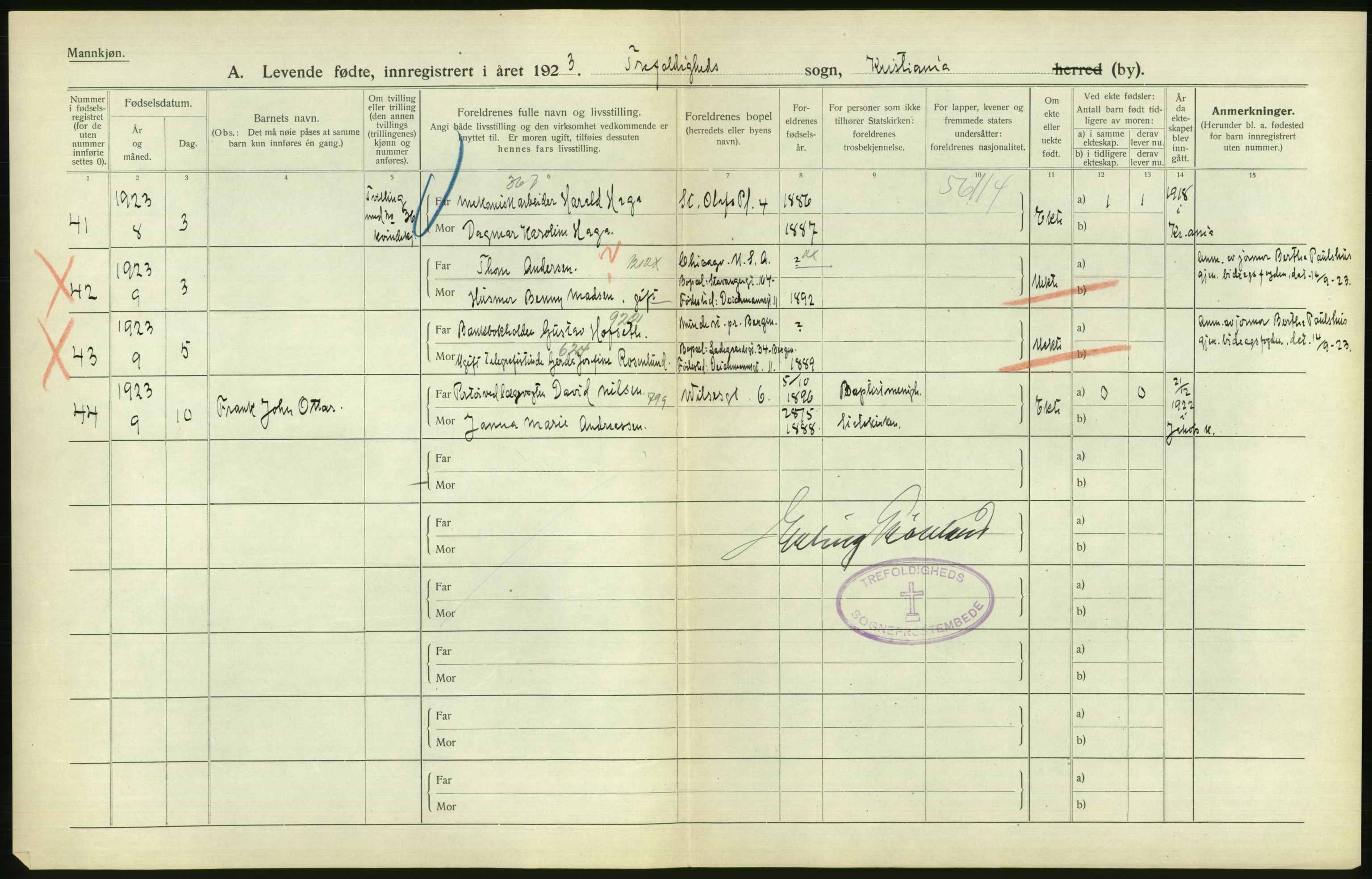 Statistisk sentralbyrå, Sosiodemografiske emner, Befolkning, AV/RA-S-2228/D/Df/Dfc/Dfcc/L0006: Kristiania: Levendefødte menn og kvinner., 1923, p. 824