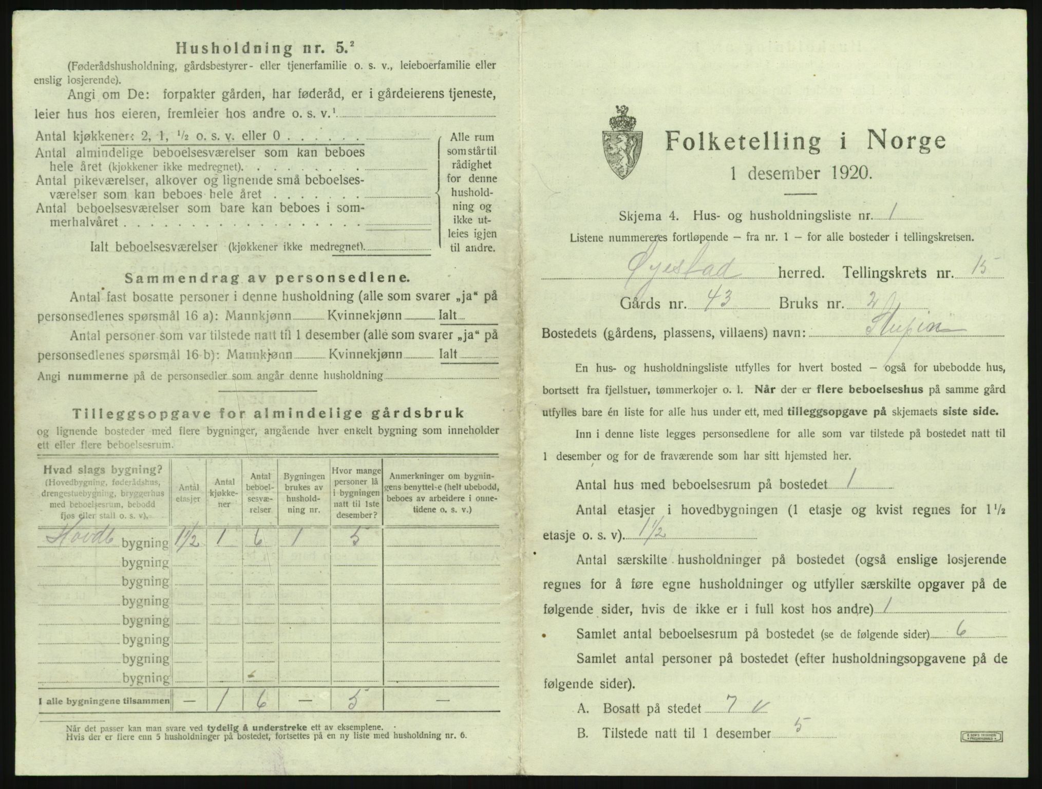 SAK, 1920 census for Øyestad, 1920, p. 1716