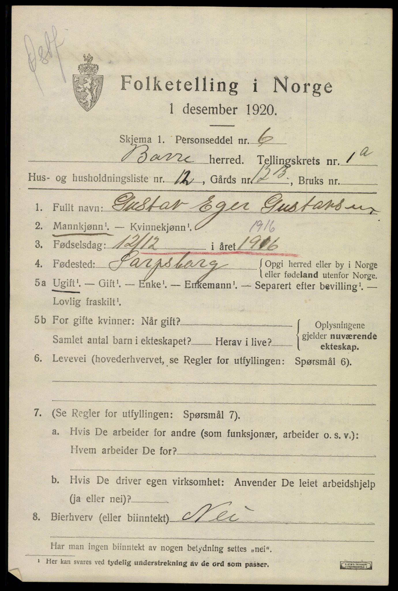 SAKO, 1920 census for Borre, 1920, p. 1568