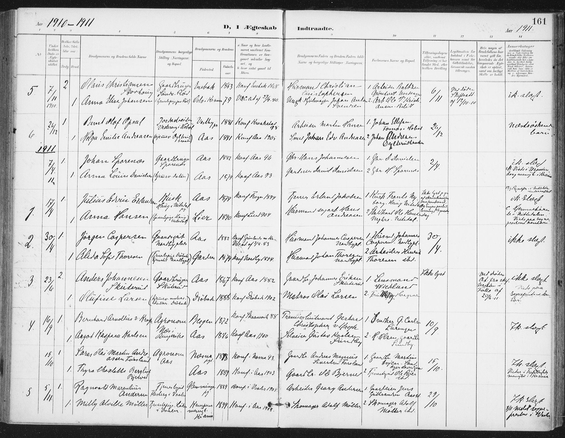 Ås prestekontor Kirkebøker, SAO/A-10894/F/Fa/L0010: Parish register (official) no. I 10, 1900-1918, p. 161