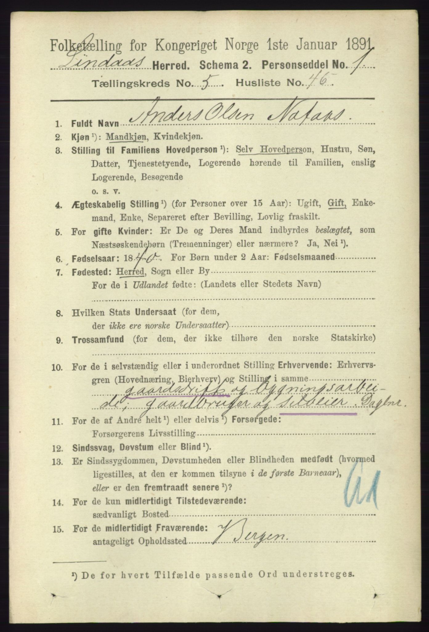 RA, 1891 census for 1263 Lindås, 1891, p. 1803