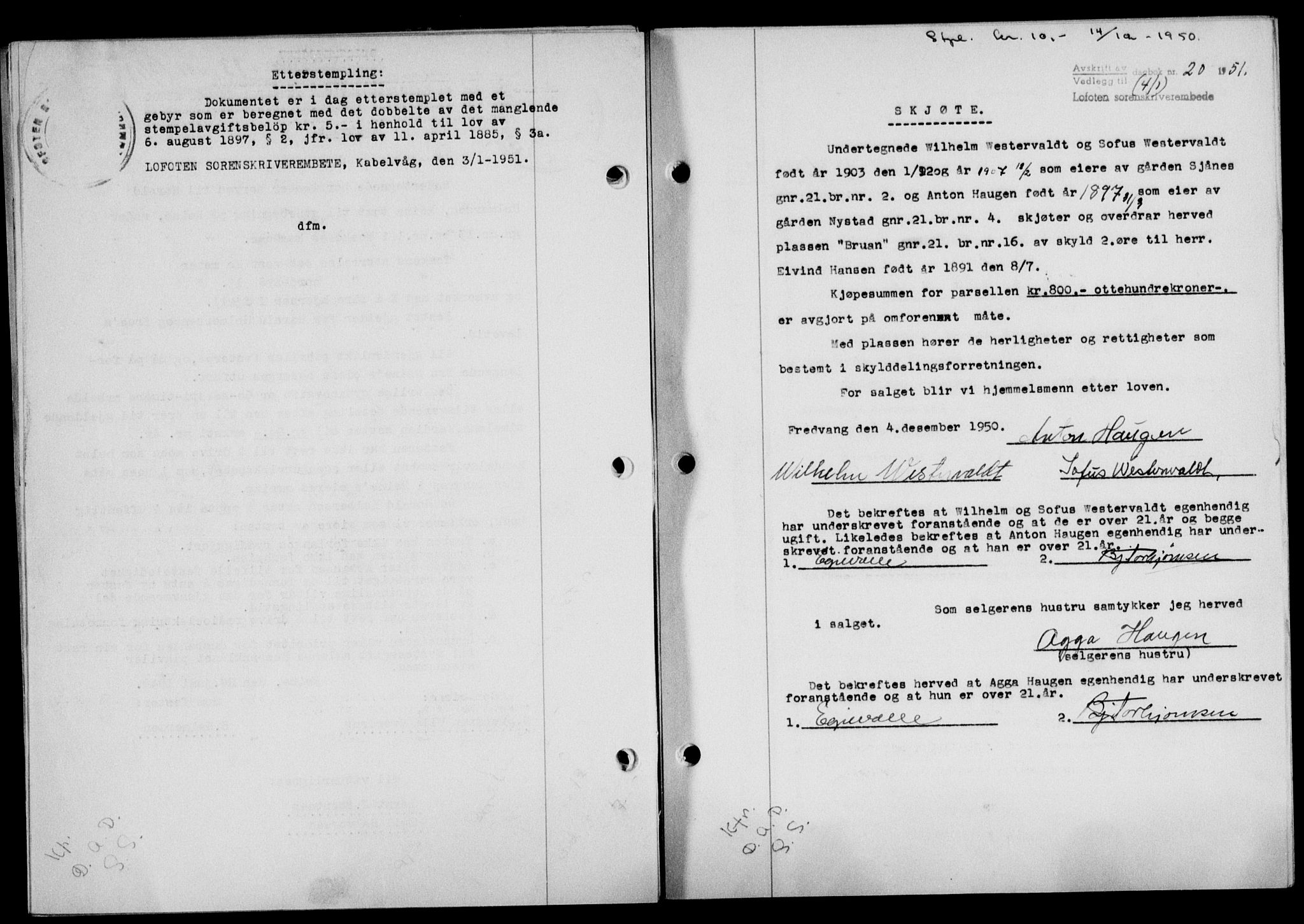 Lofoten sorenskriveri, SAT/A-0017/1/2/2C/L0025a: Mortgage book no. 25a, 1950-1951, Diary no: : 20/1951