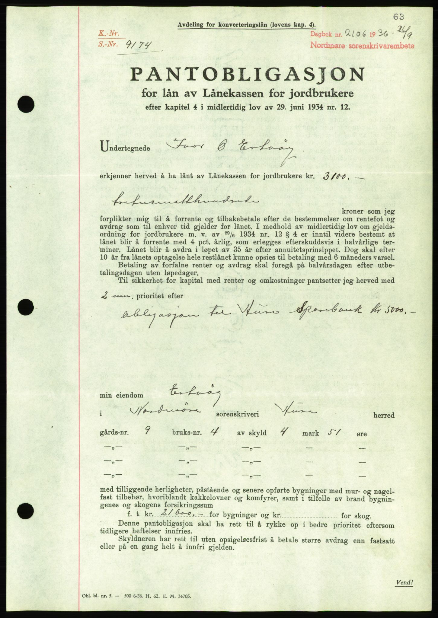 Nordmøre sorenskriveri, AV/SAT-A-4132/1/2/2Ca/L0090: Mortgage book no. B80, 1936-1937, Diary no: : 2106/1936