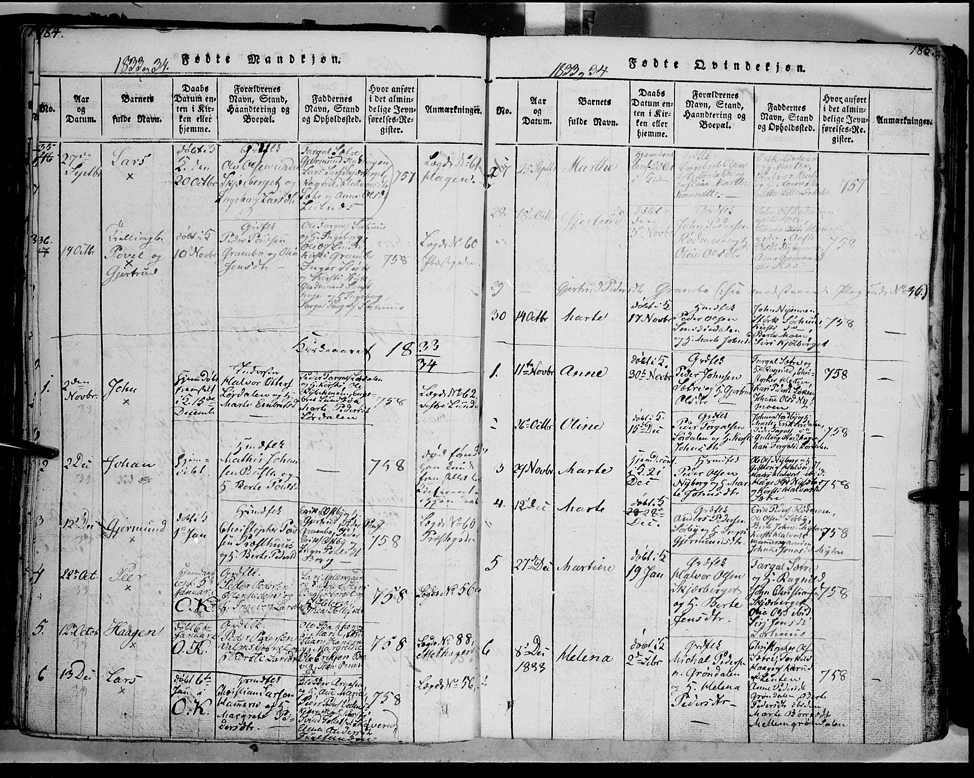 Trysil prestekontor, SAH/PREST-046/H/Ha/Haa/L0003: Parish register (official) no. 3 /1, 1814-1841, p. 184-185