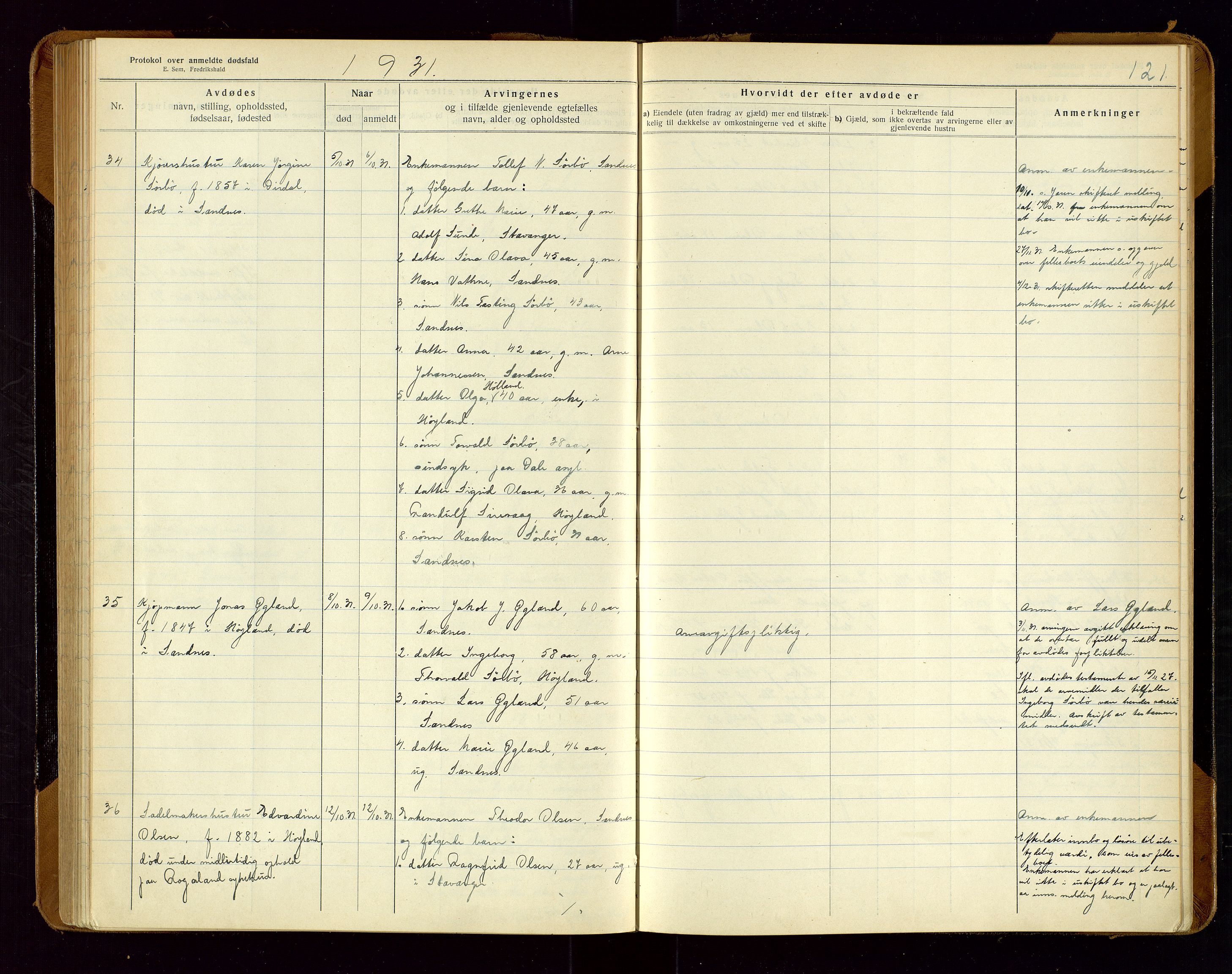 Sandnes lensmannskontor, SAST/A-100167/Gga/L0001: "Protokol over anmeldte dødsfald" m/register, 1918-1940, p. 121