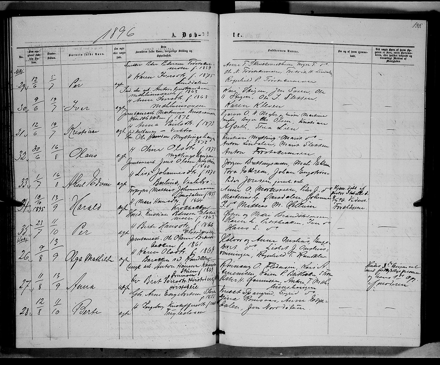 Ringebu prestekontor, AV/SAH-PREST-082/H/Ha/Hab/L0006: Parish register (copy) no. 6, 1880-1898, p. 135