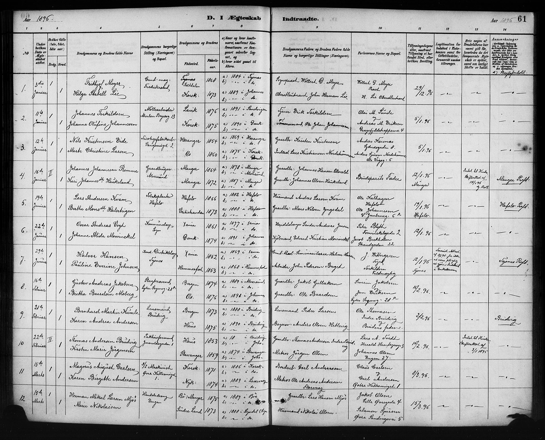Johanneskirken sokneprestembete, SAB/A-76001/H/Hab: Parish register (copy) no. C 1, 1885-1912, p. 61