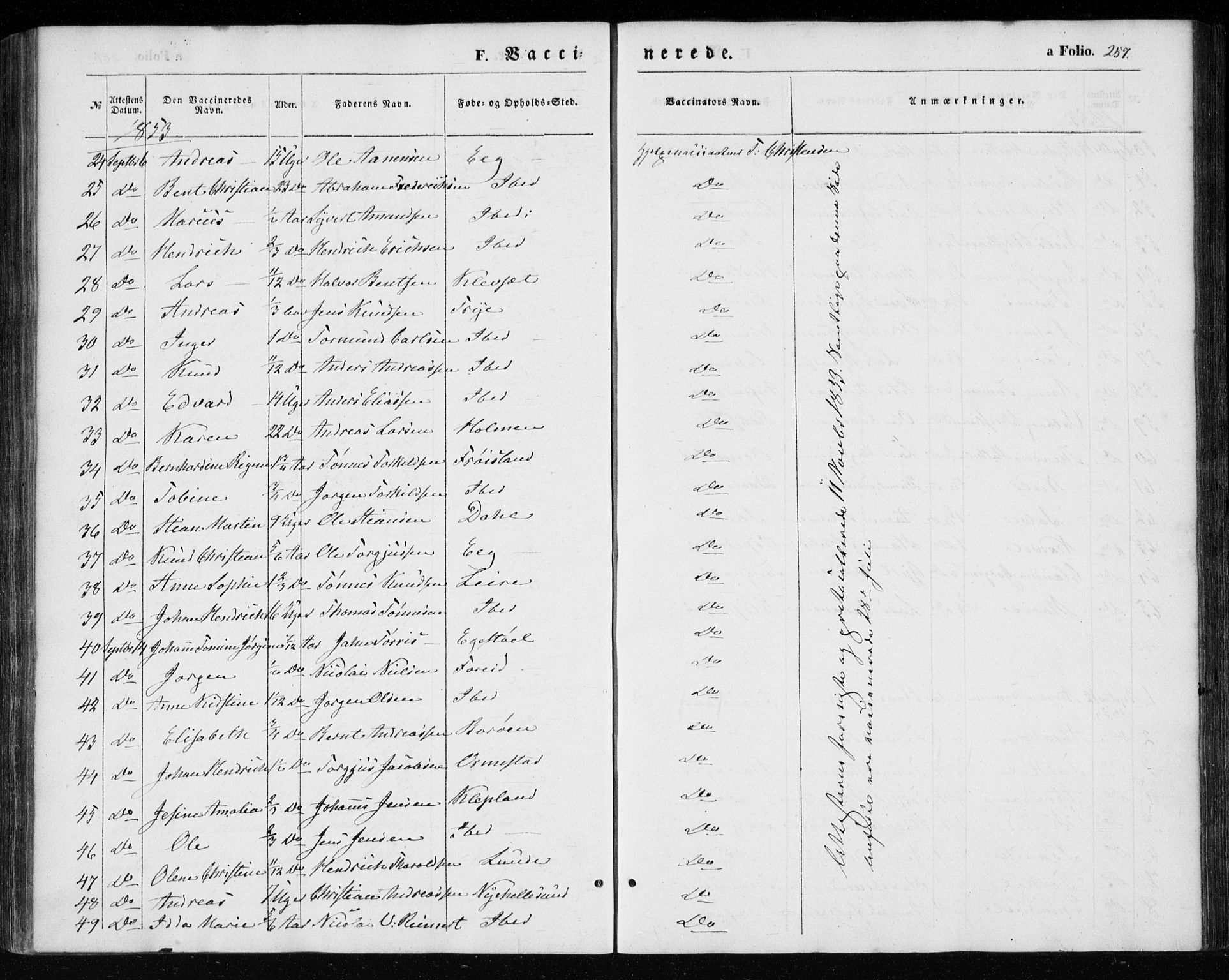 Søgne sokneprestkontor, SAK/1111-0037/F/Fa/Fab/L0010: Parish register (official) no. A 10, 1853-1869, p. 257