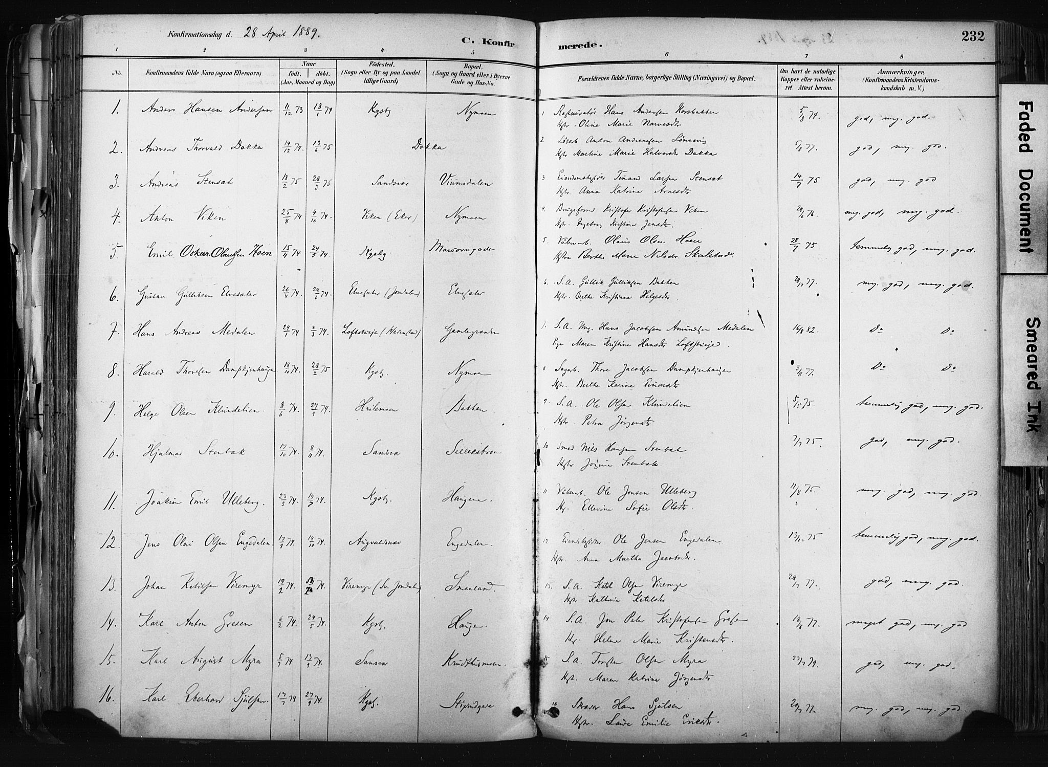 Kongsberg kirkebøker, SAKO/A-22/F/Fb/L0002: Parish register (official) no. II 2, 1886-1896, p. 232
