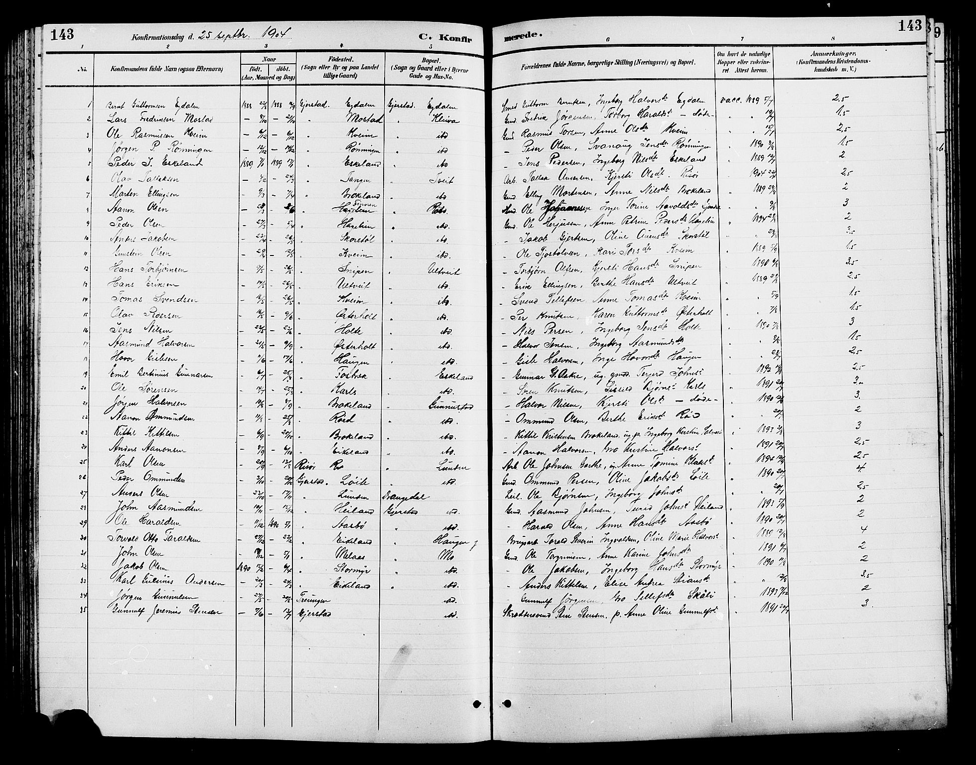 Gjerstad sokneprestkontor, SAK/1111-0014/F/Fb/Fba/L0007: Parish register (copy) no. B 7, 1891-1908, p. 143