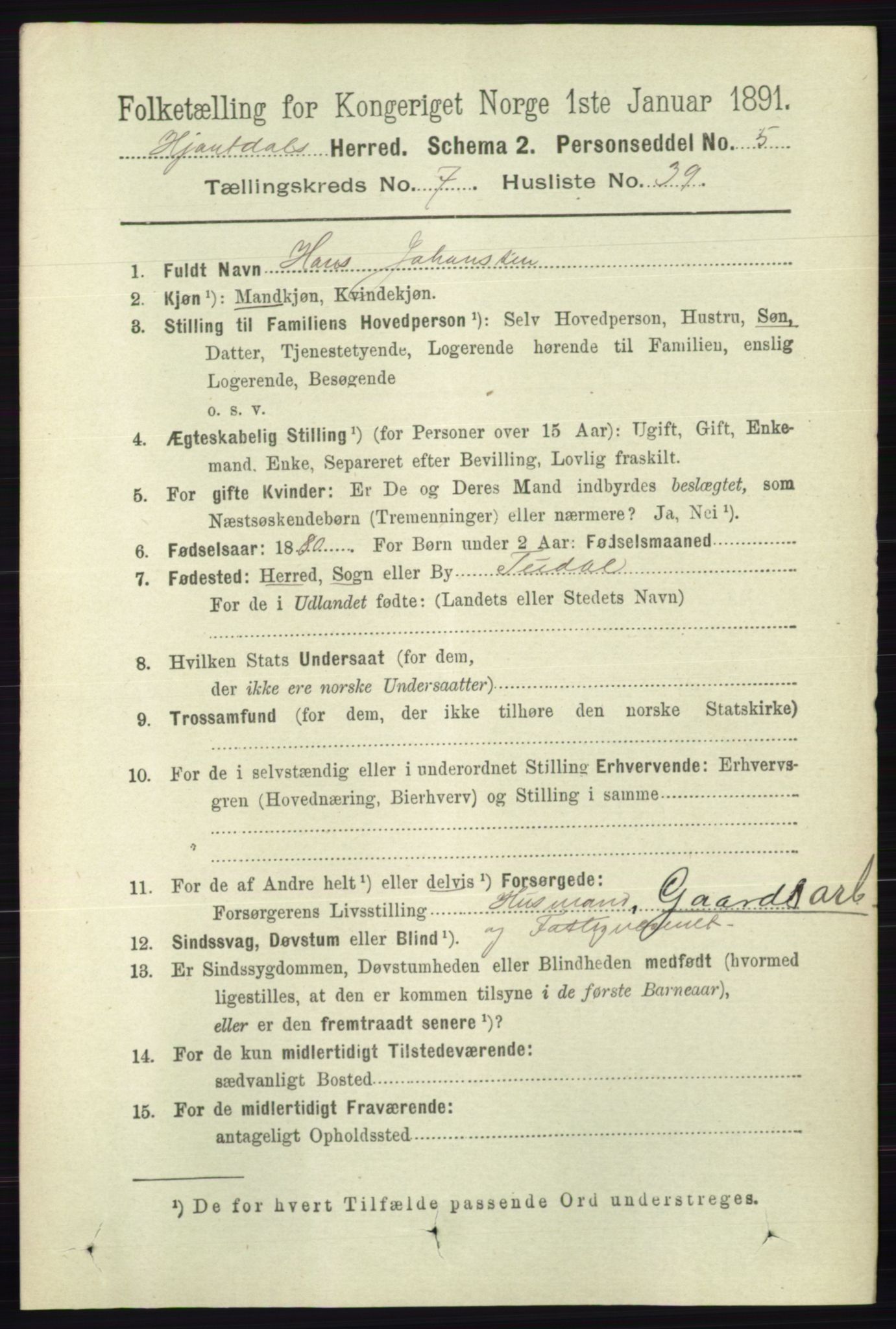 RA, 1891 census for 0827 Hjartdal, 1891, p. 2748