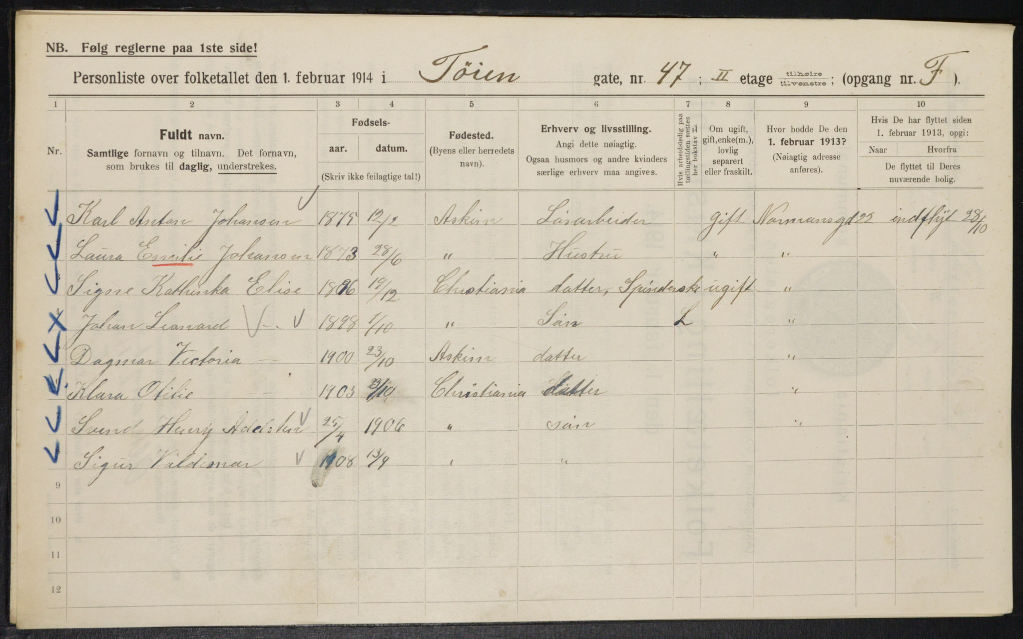 OBA, Municipal Census 1914 for Kristiania, 1914, p. 119540