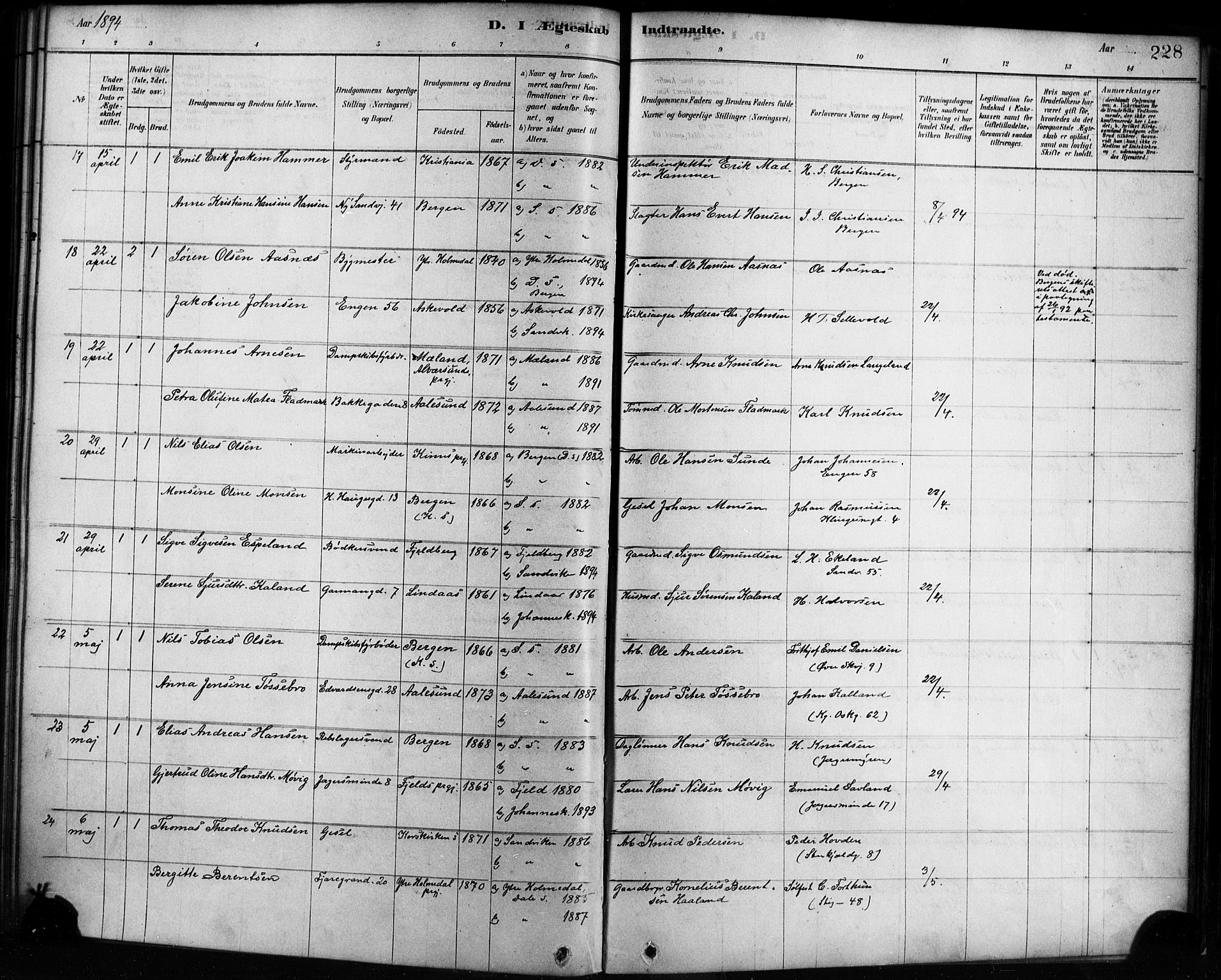 Sandviken Sokneprestembete, AV/SAB-A-77601/H/Ha/L0002: Parish register (official) no. A 2, 1878-1896, p. 228