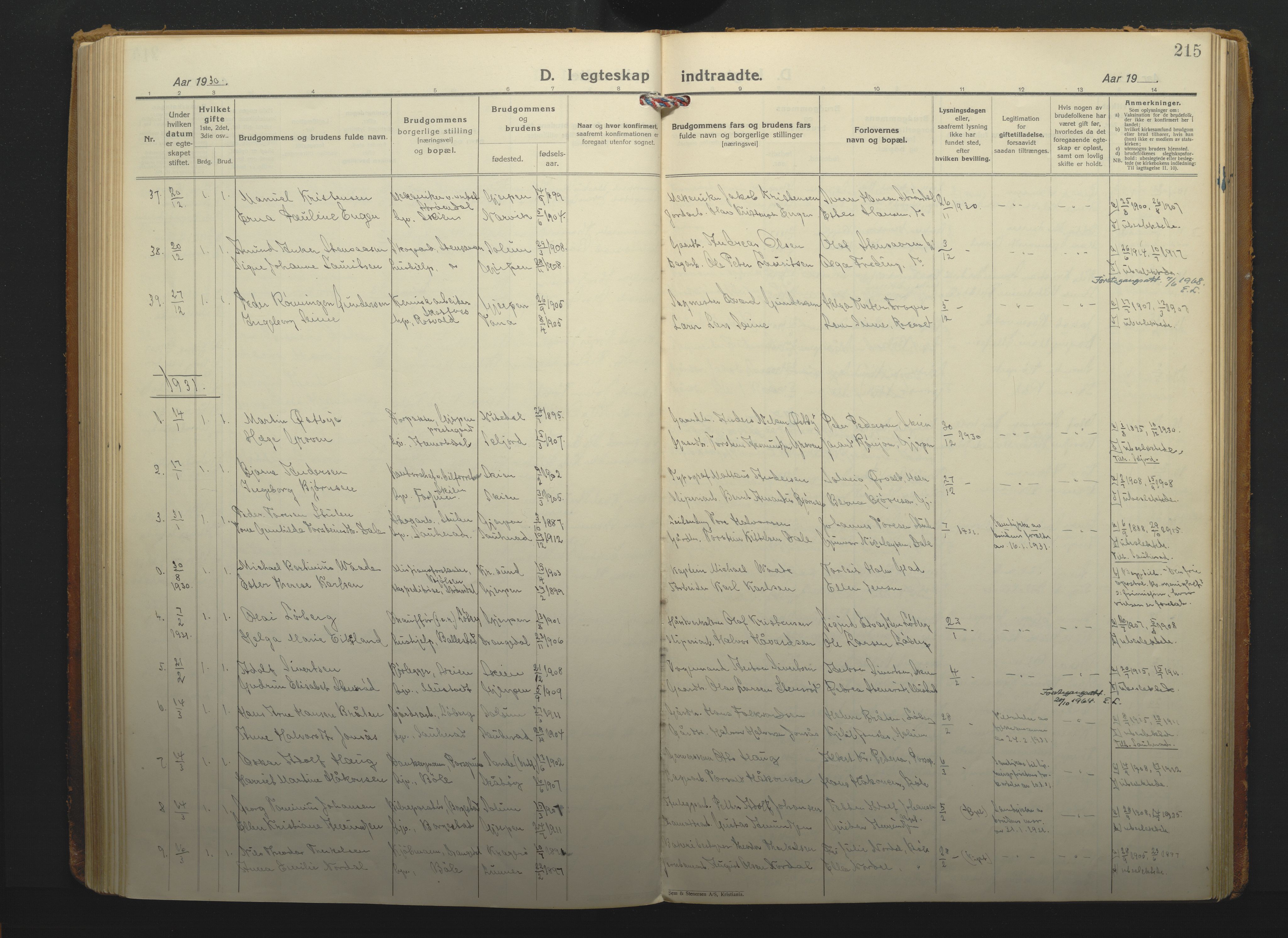 Gjerpen kirkebøker, SAKO/A-265/F/Fa/L0014: Parish register (official) no. I 14, 1925-1938, p. 215