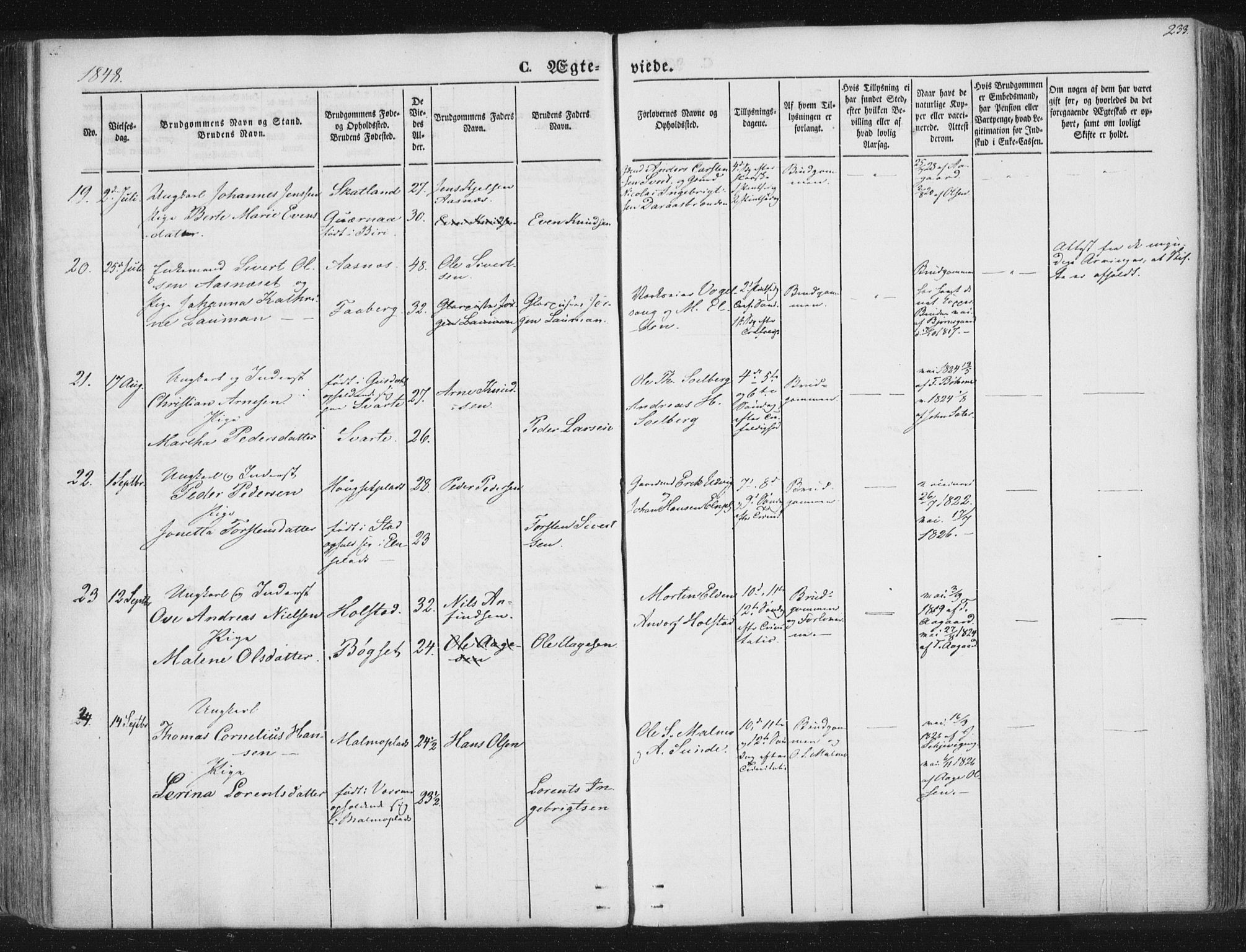 Ministerialprotokoller, klokkerbøker og fødselsregistre - Nord-Trøndelag, AV/SAT-A-1458/741/L0392: Parish register (official) no. 741A06, 1836-1848, p. 233