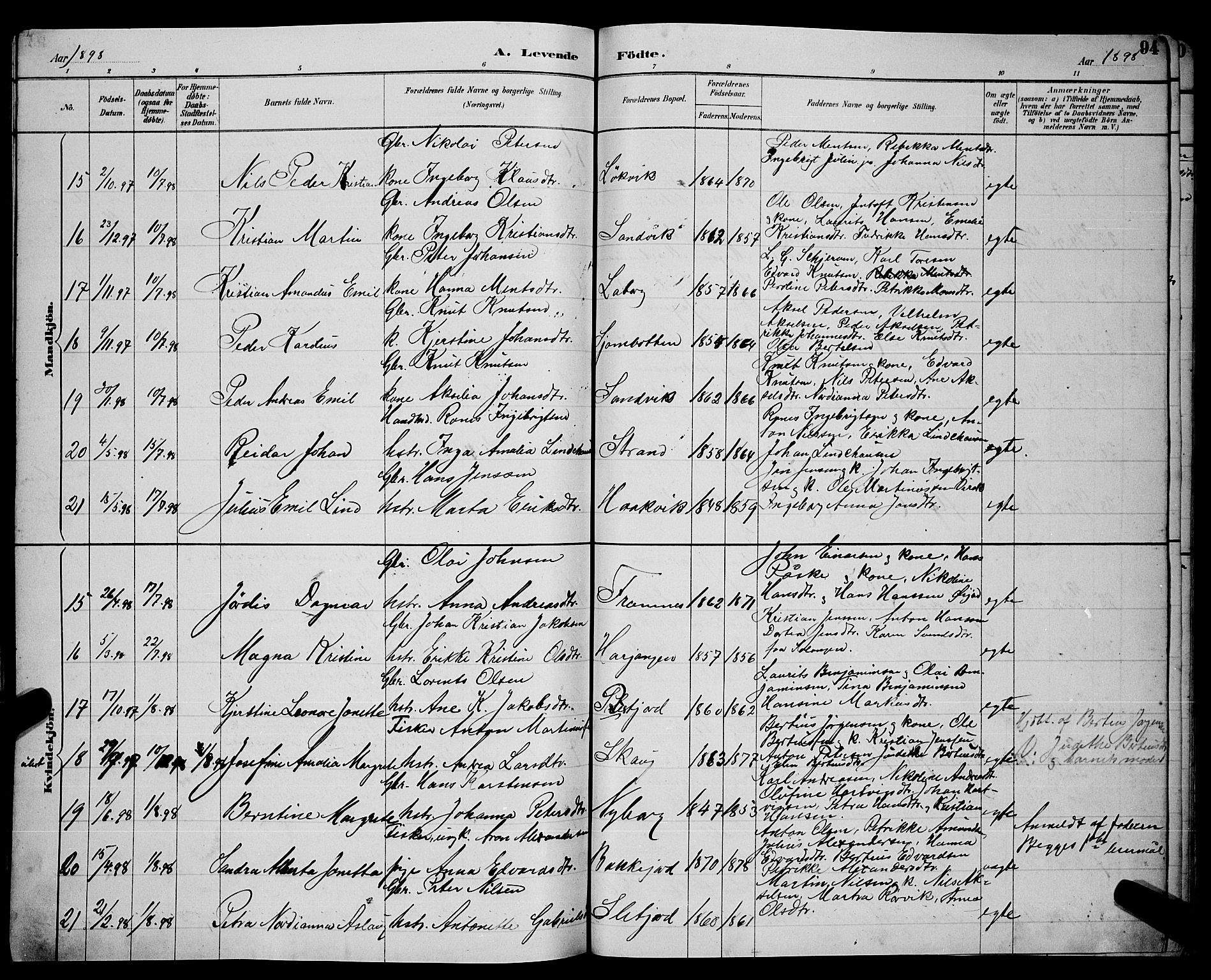 Ministerialprotokoller, klokkerbøker og fødselsregistre - Nordland, AV/SAT-A-1459/866/L0952: Parish register (copy) no. 866C01, 1886-1899, p. 94