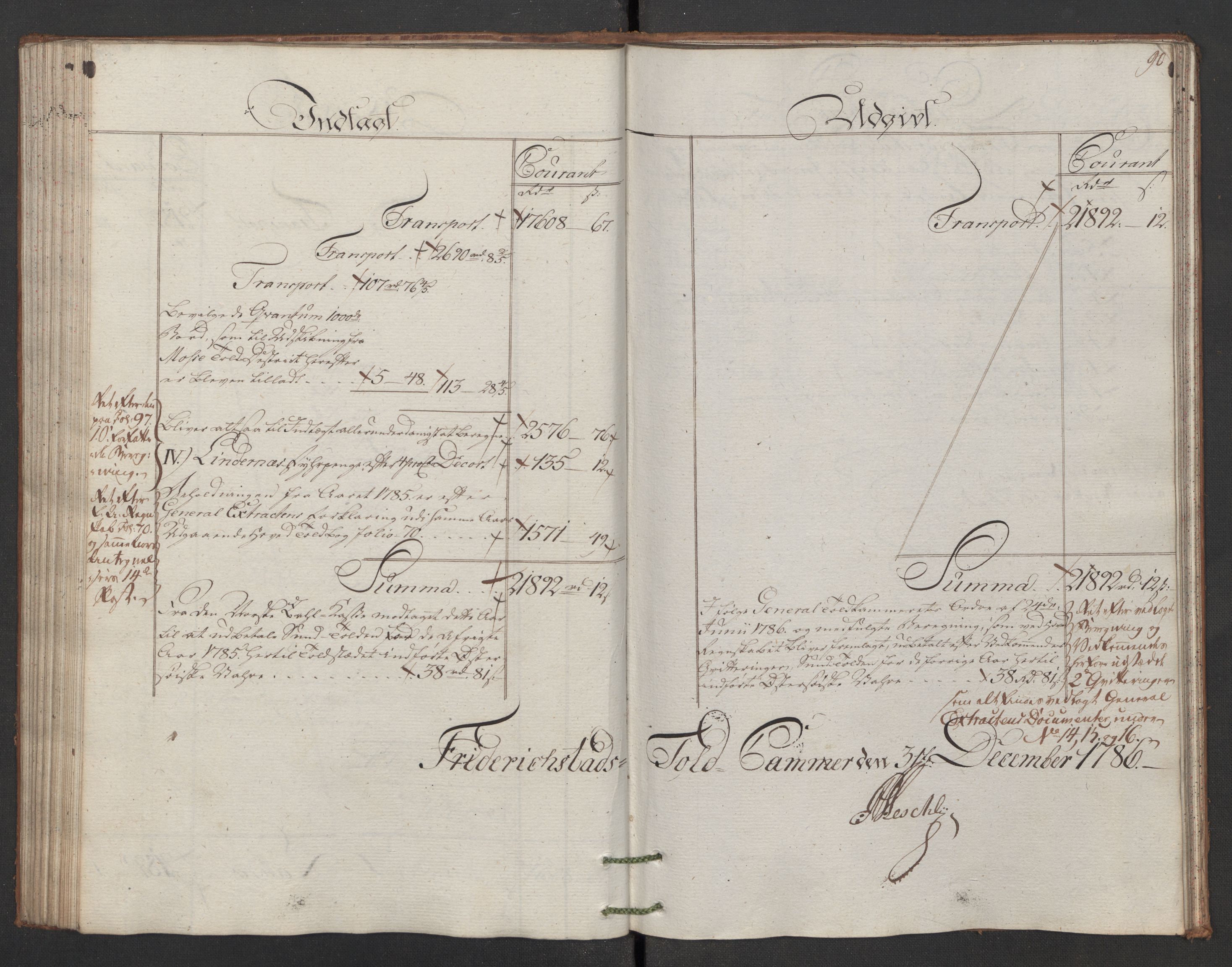 Generaltollkammeret, tollregnskaper, RA/EA-5490/R02/L0092/0001: Tollregnskaper Fredrikstad / Utgående hovedtollbok, 1786, p. 89b-90a