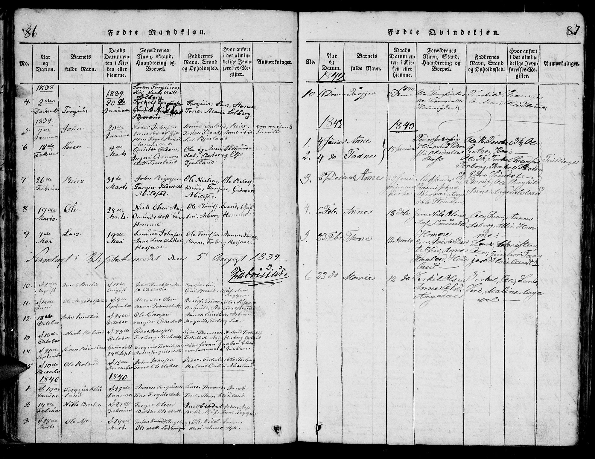 Bjelland sokneprestkontor, SAK/1111-0005/F/Fb/Fba/L0003: Parish register (copy) no. B 3, 1816-1870, p. 86-87