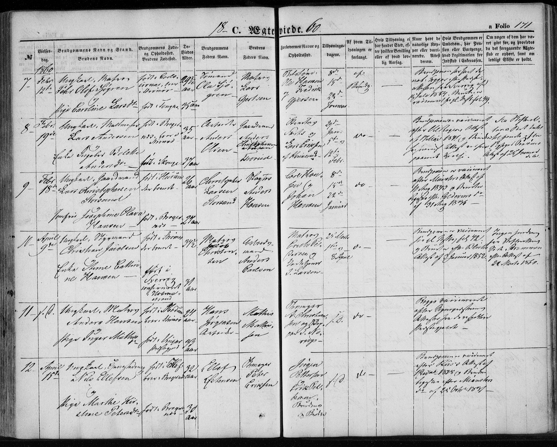 Strømsø kirkebøker, AV/SAKO-A-246/F/Fa/L0017: Parish register (official) no. I 17, 1848-1865, p. 171