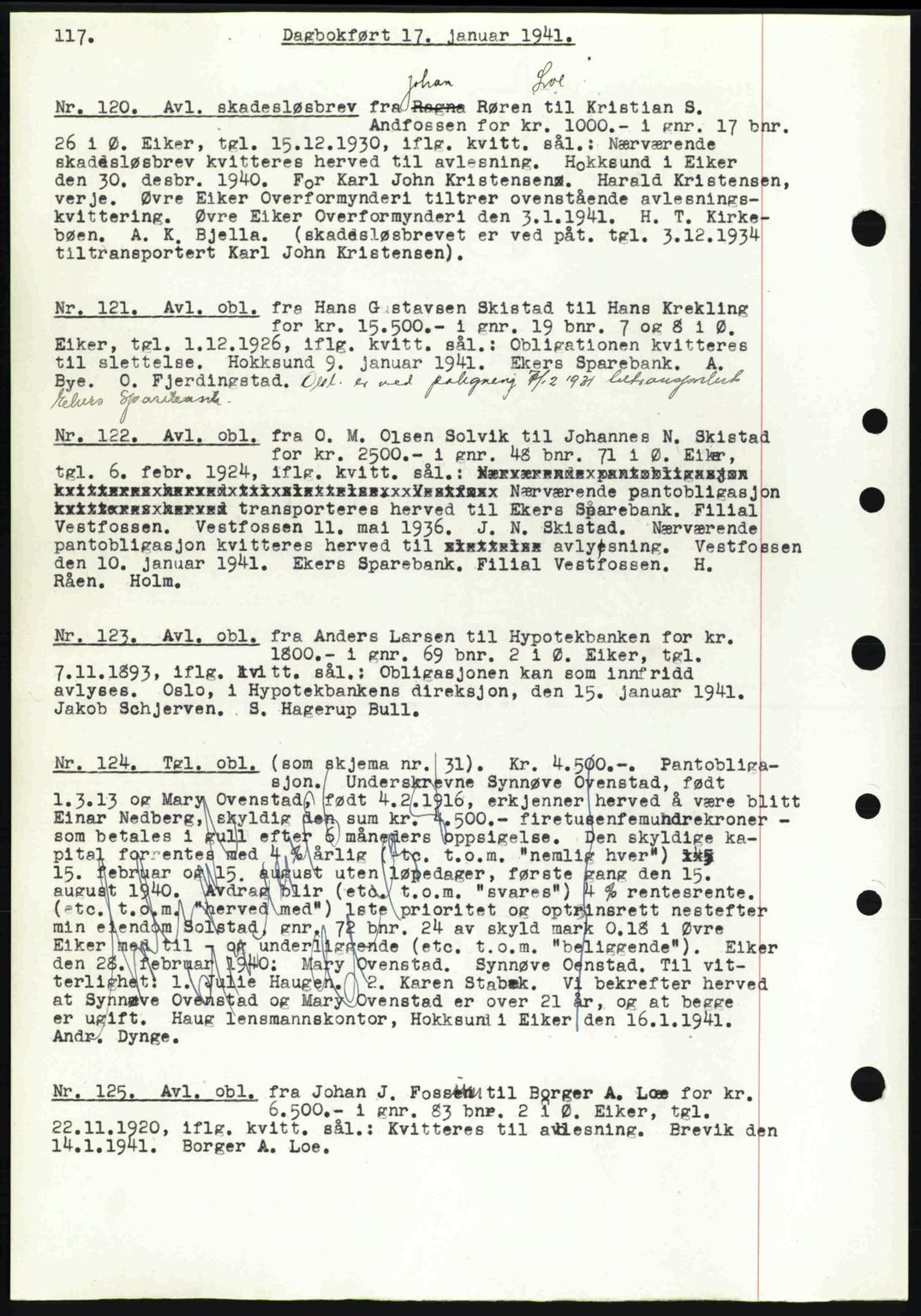 Eiker, Modum og Sigdal sorenskriveri, SAKO/A-123/G/Ga/Gab/L0043: Mortgage book no. A13, 1940-1941, Diary no: : 120/1941