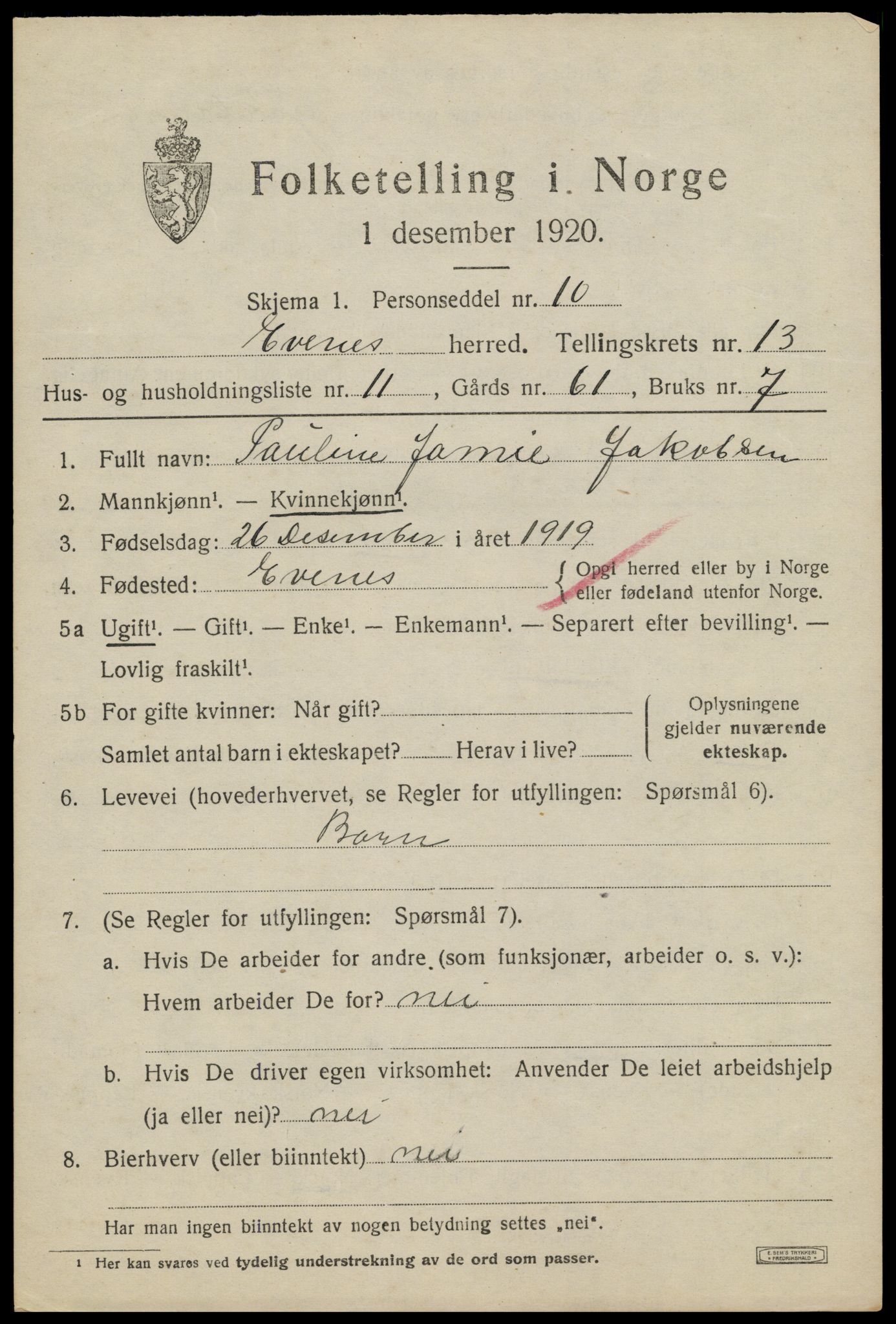 SAT, 1920 census for Evenes, 1920, p. 12034