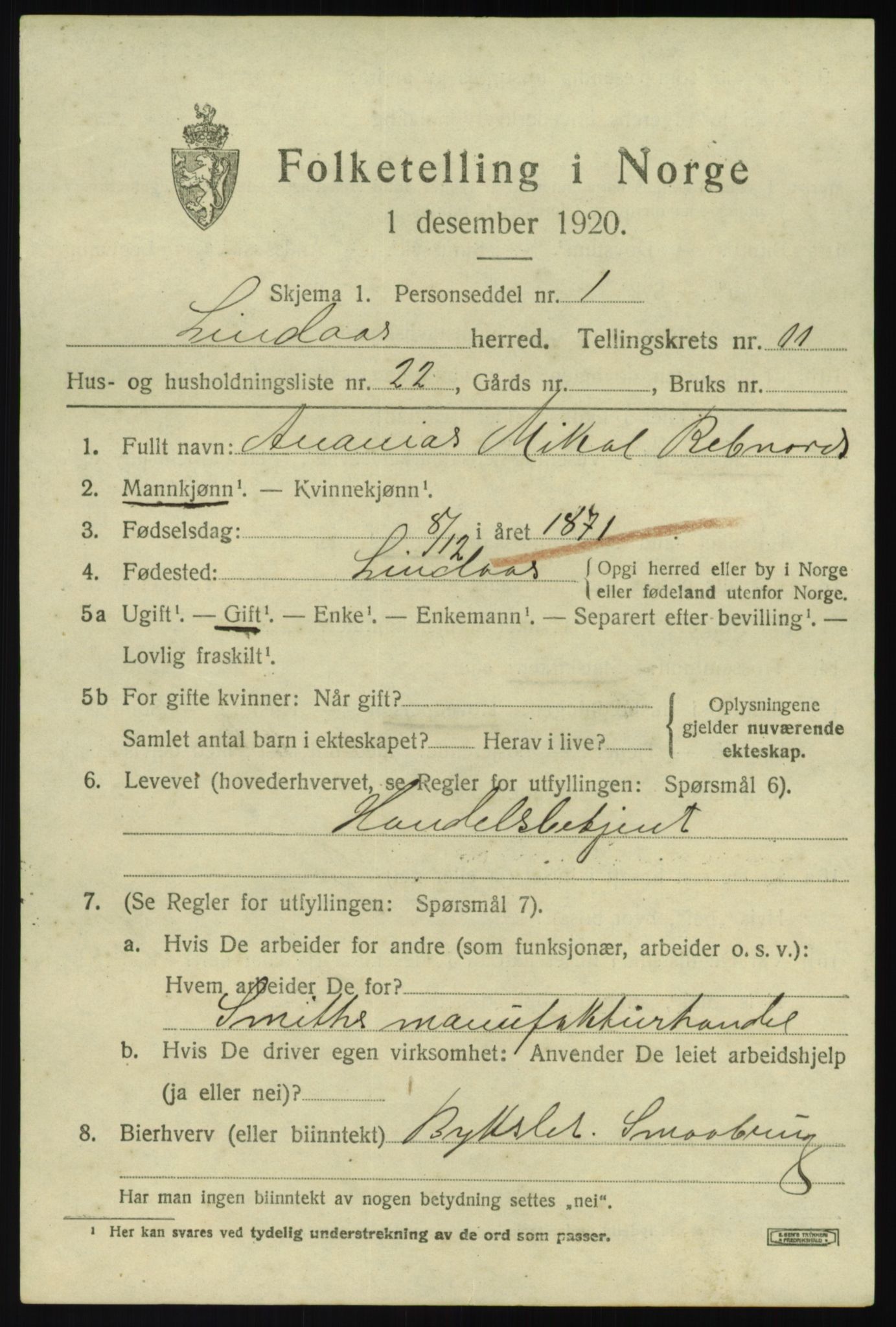 SAB, 1920 census for Lindås, 1920, p. 5903