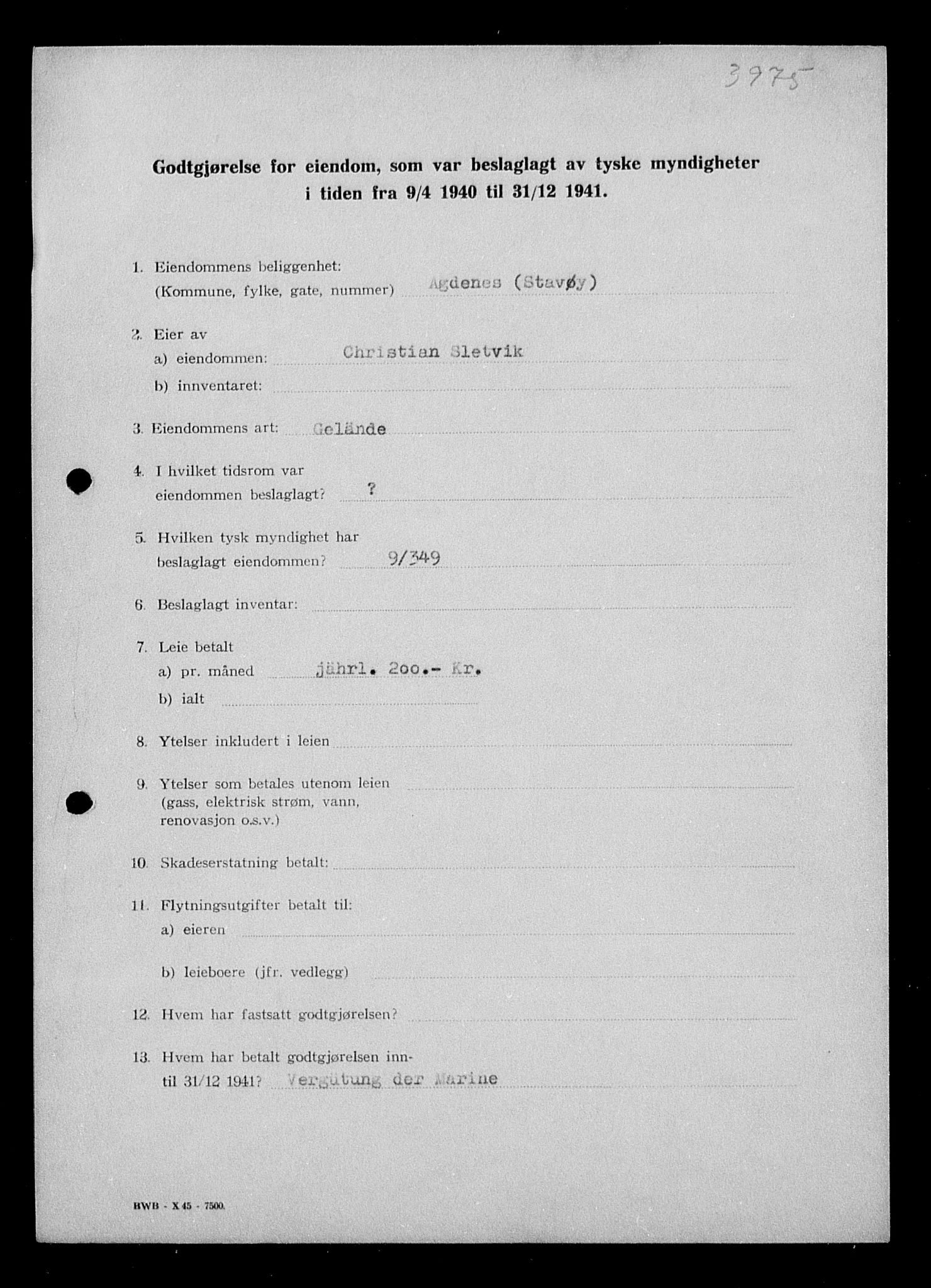 Justisdepartementet, Tilbakeføringskontoret for inndratte formuer, RA/S-1564/I/L1018: Godtgjørelse for beslaglagt eiendom, 1940-1941, p. 245