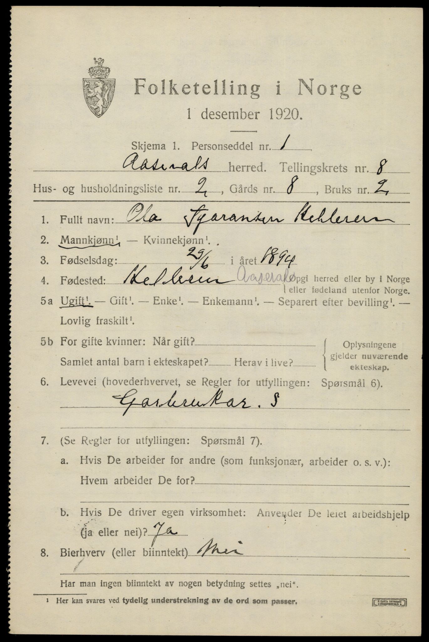SAK, 1920 census for Åseral, 1920, p. 2450