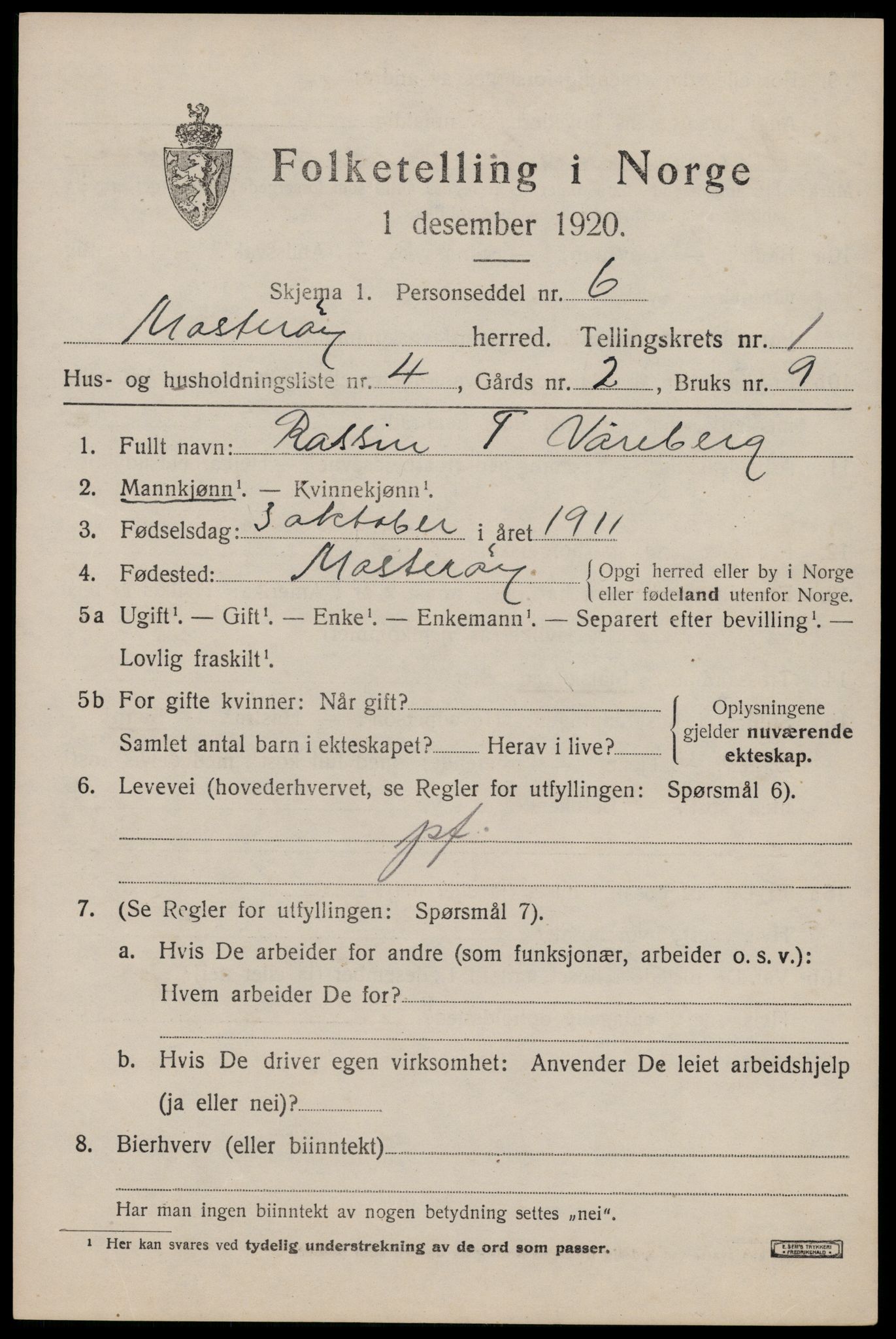 SAST, 1920 census for Mosterøy, 1920, p. 574