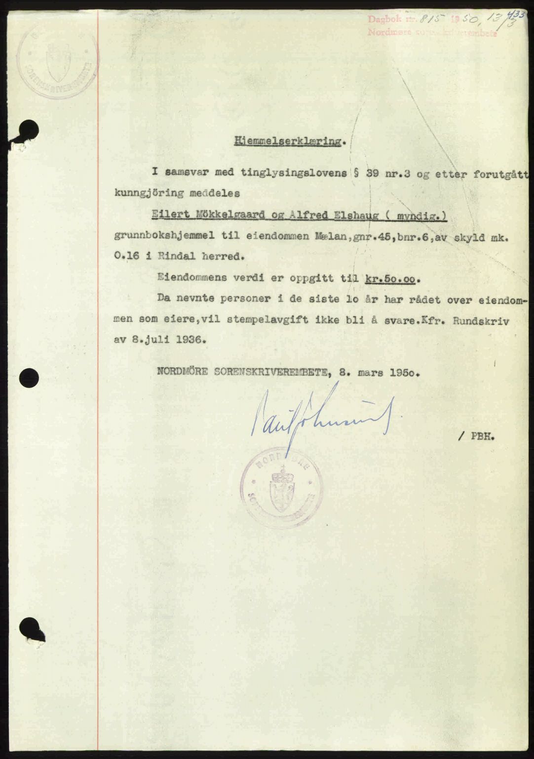 Nordmøre sorenskriveri, AV/SAT-A-4132/1/2/2Ca: Mortgage book no. A114, 1950-1950, Diary no: : 815/1950