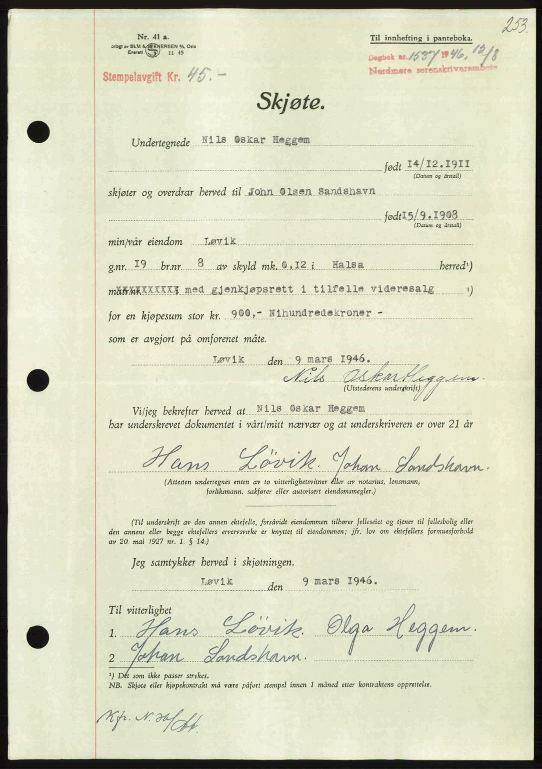 Nordmøre sorenskriveri, AV/SAT-A-4132/1/2/2Ca: Mortgage book no. A102, 1946-1946, Diary no: : 1537/1946