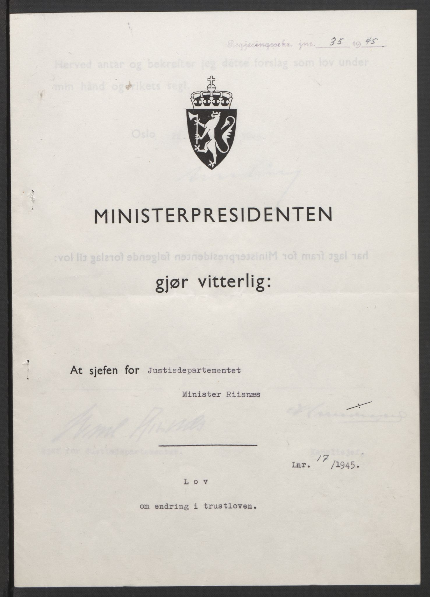 NS-administrasjonen 1940-1945 (Statsrådsekretariatet, de kommisariske statsråder mm), RA/S-4279/D/Db/L0101/0001: -- / Lover og vedtak, 1945, p. 69