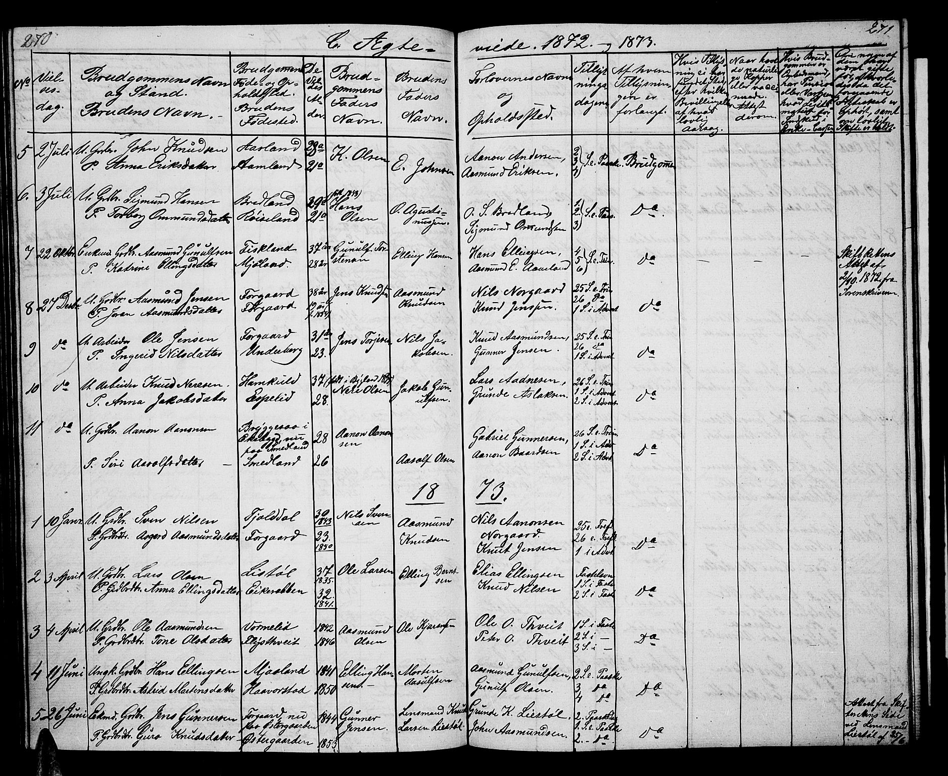 Åseral sokneprestkontor, AV/SAK-1111-0051/F/Fb/L0001: Parish register (copy) no. B 1, 1856-1877, p. 270-271