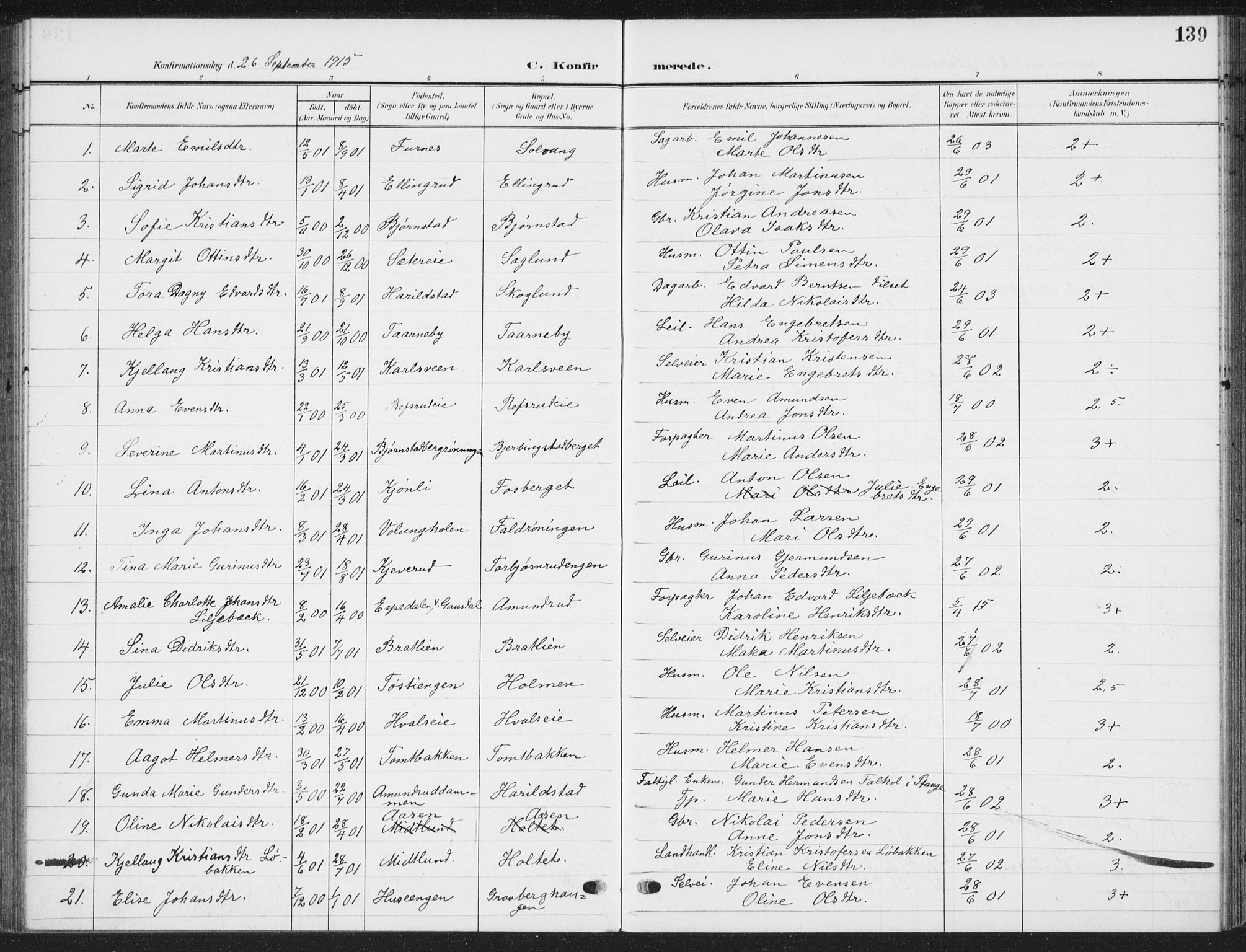 Romedal prestekontor, SAH/PREST-004/K/L0009: Parish register (official) no. 9, 1906-1929, p. 139