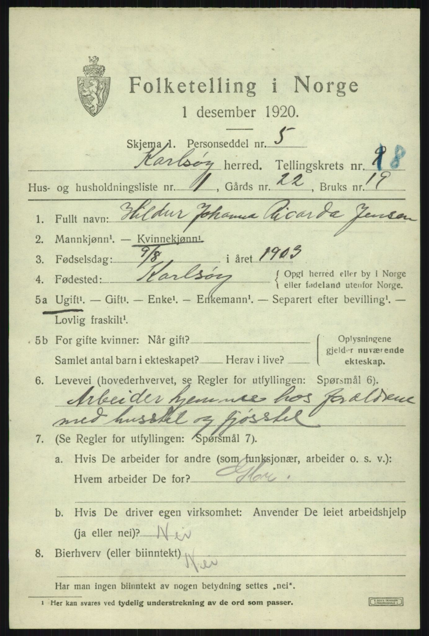 SATØ, 1920 census for Karlsøy, 1920, p. 2899