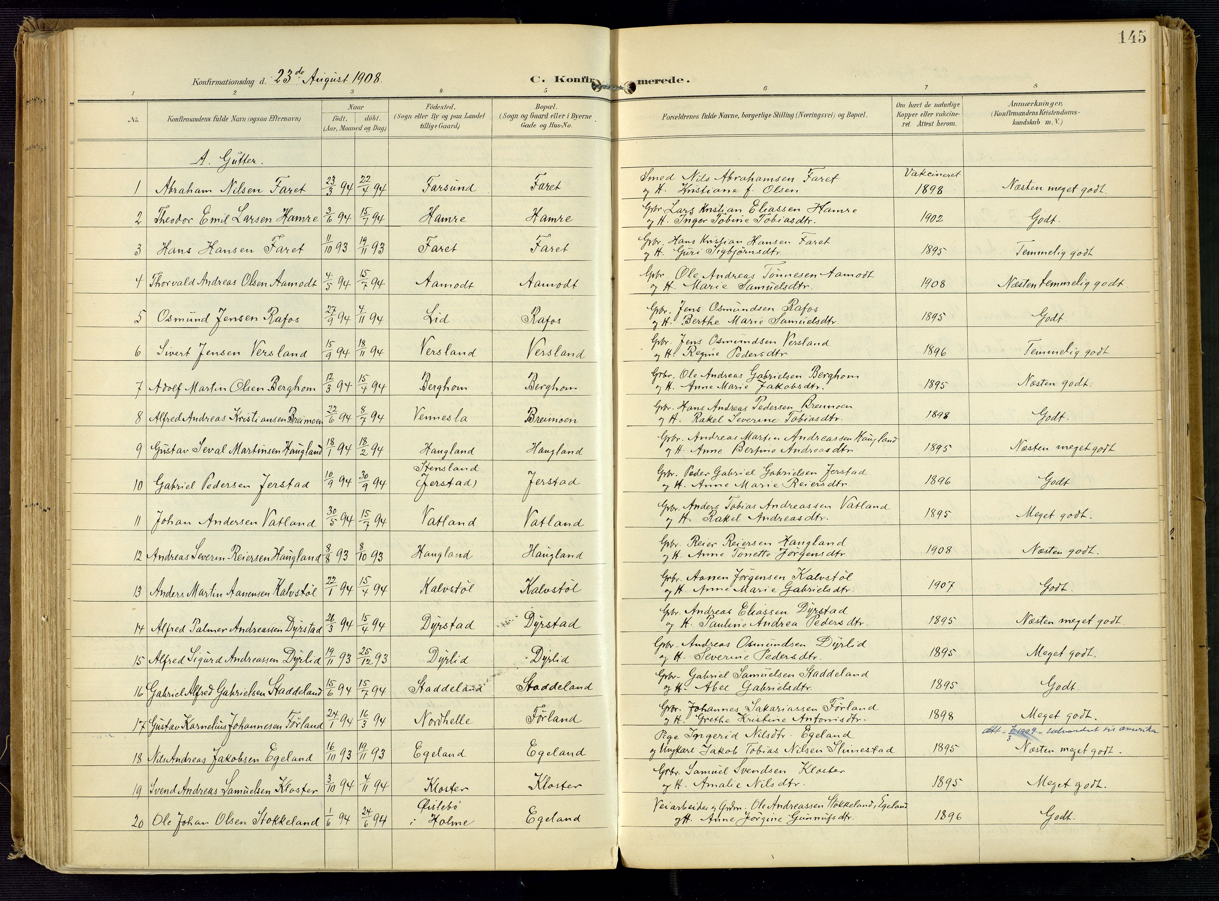 Kvinesdal sokneprestkontor, SAK/1111-0026/F/Fa/Fab/L0009: Parish register (official) no. A 9, 1898-1915, p. 145