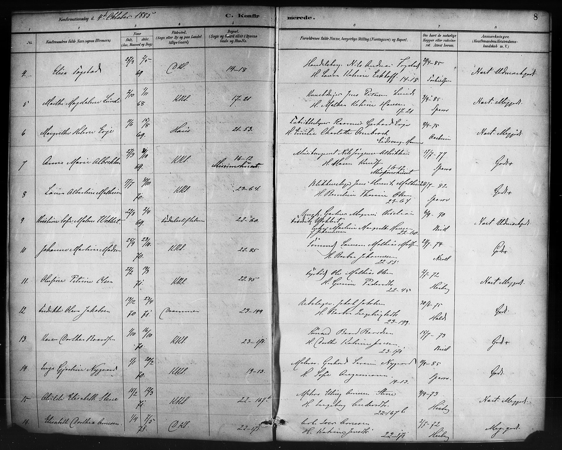 Korskirken sokneprestembete, SAB/A-76101/H/Haa/L0071: Curate's parish register no. A 6, 1885-1912, p. 8