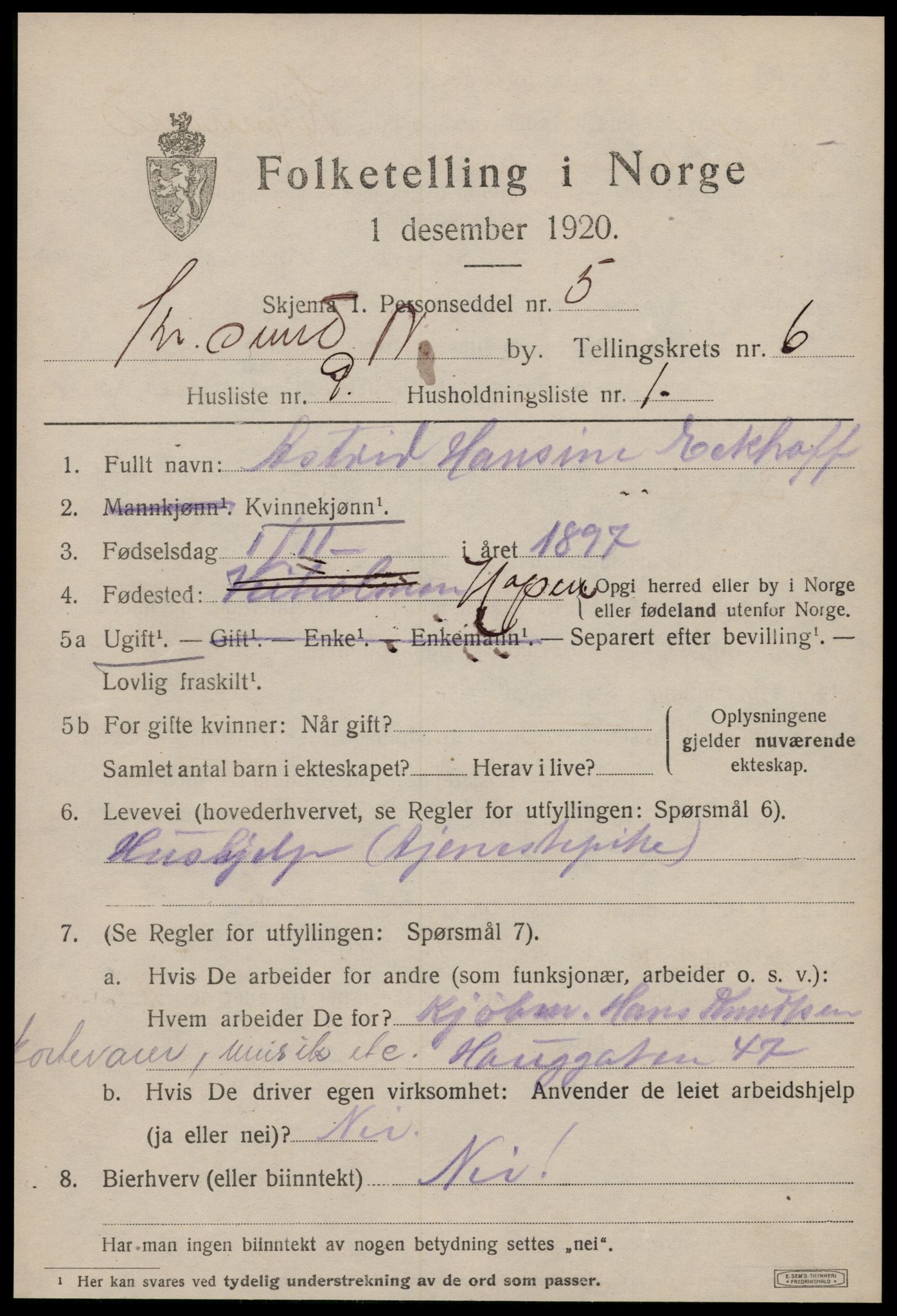 SAT, 1920 census for Kristiansund, 1920, p. 17151