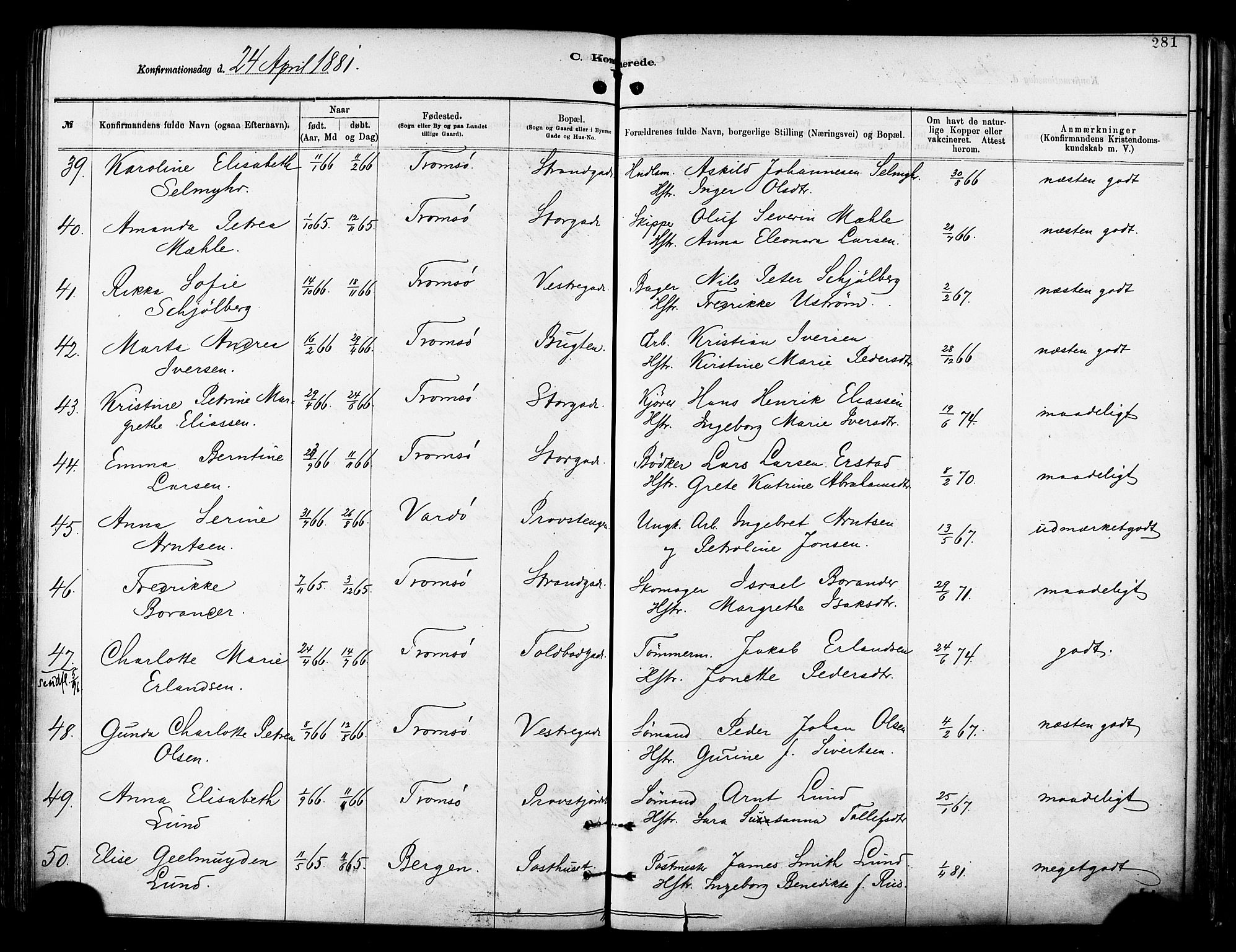 Tromsø sokneprestkontor/stiftsprosti/domprosti, AV/SATØ-S-1343/G/Ga/L0014kirke: Parish register (official) no. 14, 1878-1888, p. 281