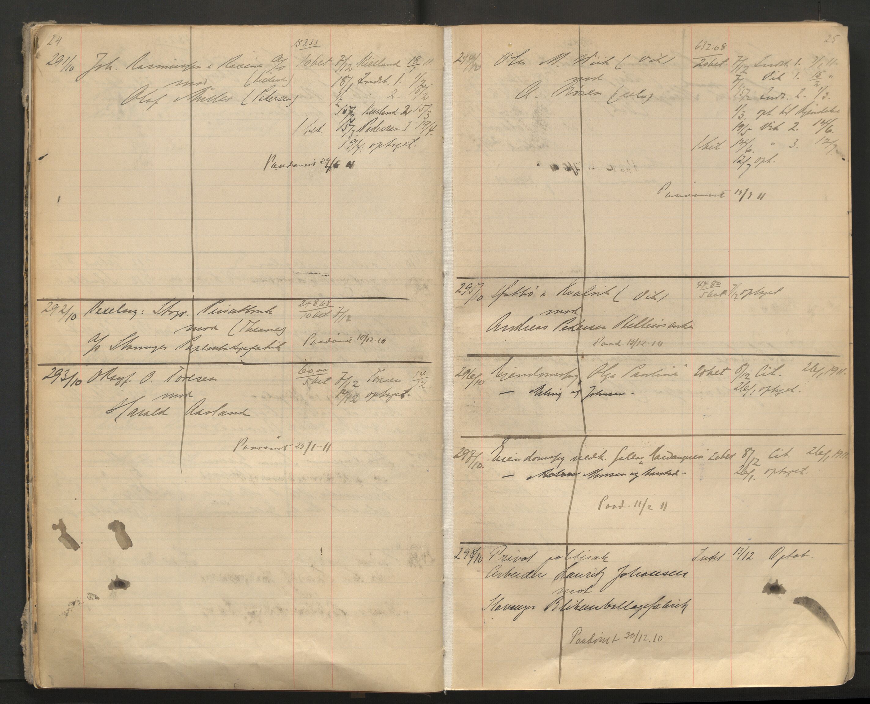 Stavanger byfogd, AV/SAST-A-101408/001/3/32/32A/L0005: Saksliste for Stavanger byting, 1910-1914, p. 24-25