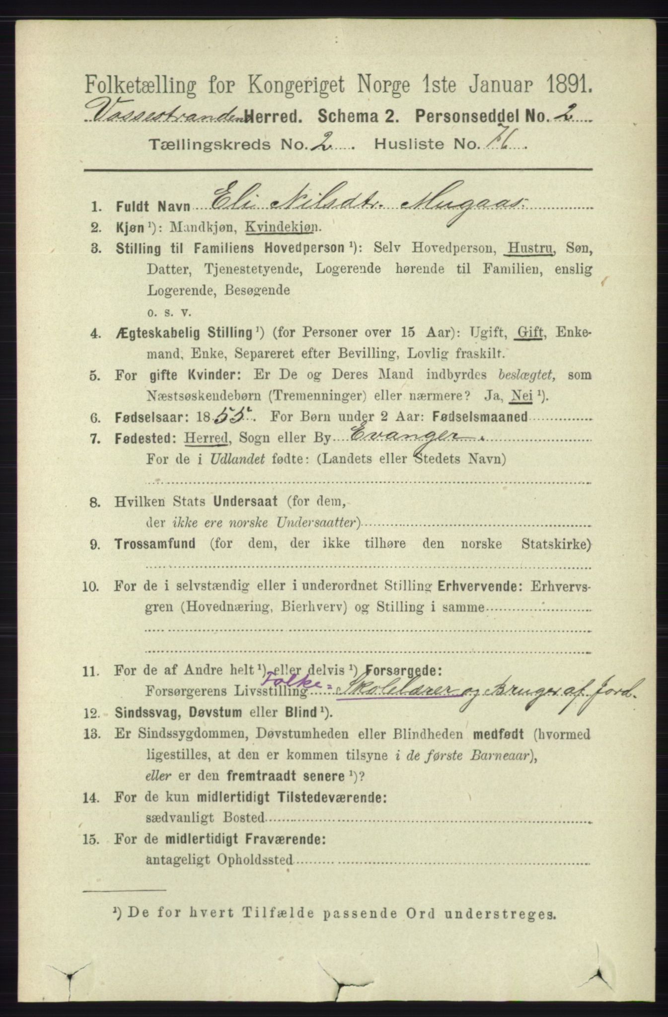 RA, 1891 census for 1236 Vossestrand, 1891, p. 1191