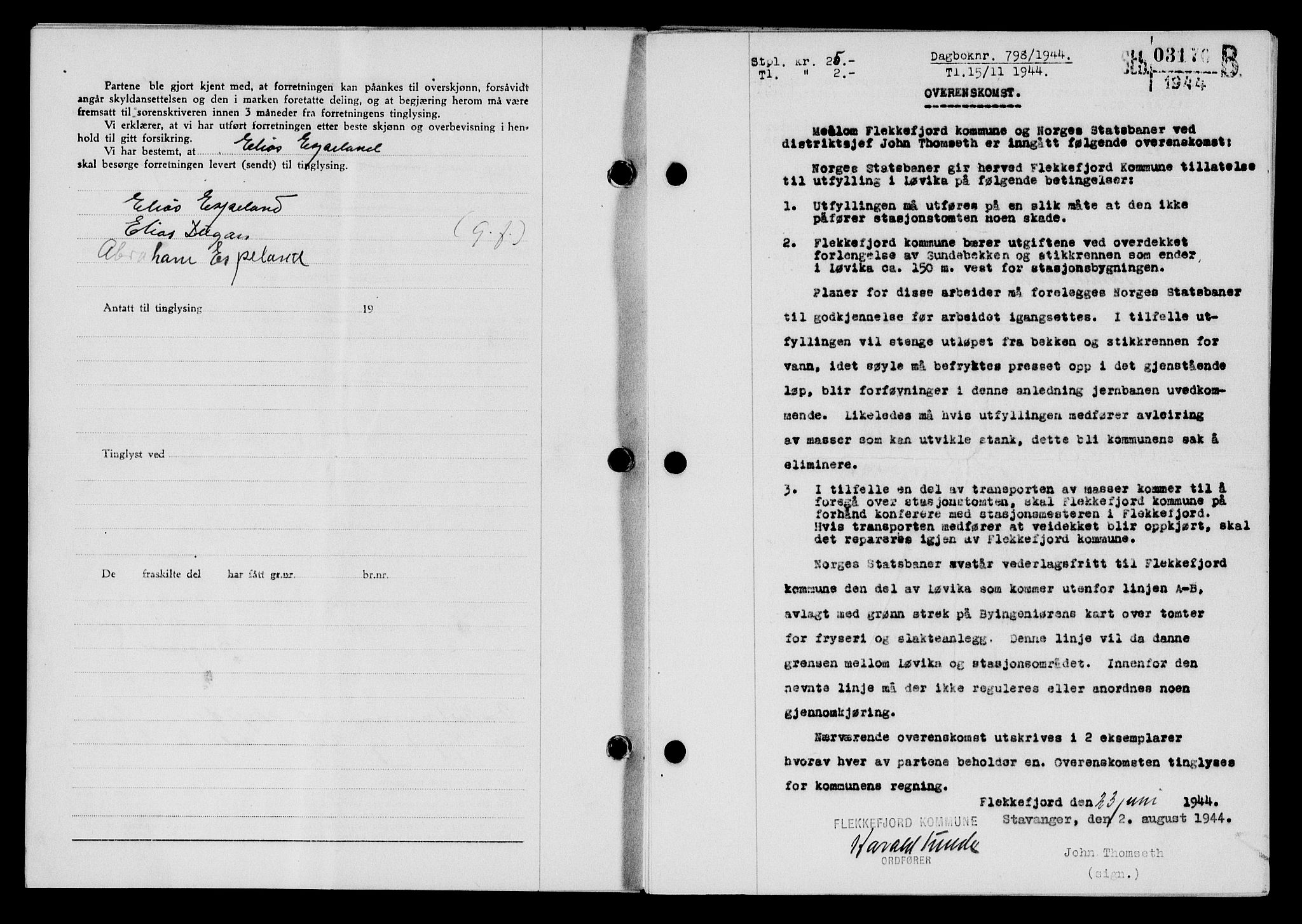 Flekkefjord sorenskriveri, SAK/1221-0001/G/Gb/Gba/L0059: Mortgage book no. A-7, 1944-1945, Diary no: : 798/1944