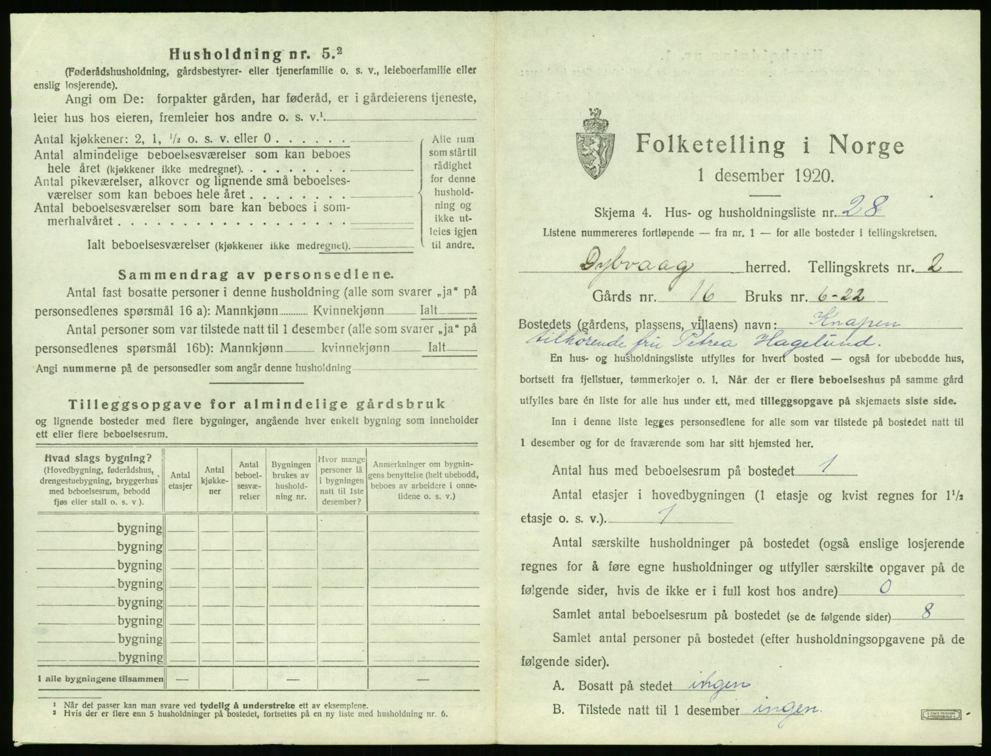 SAK, 1920 census for Dypvåg, 1920, p. 299