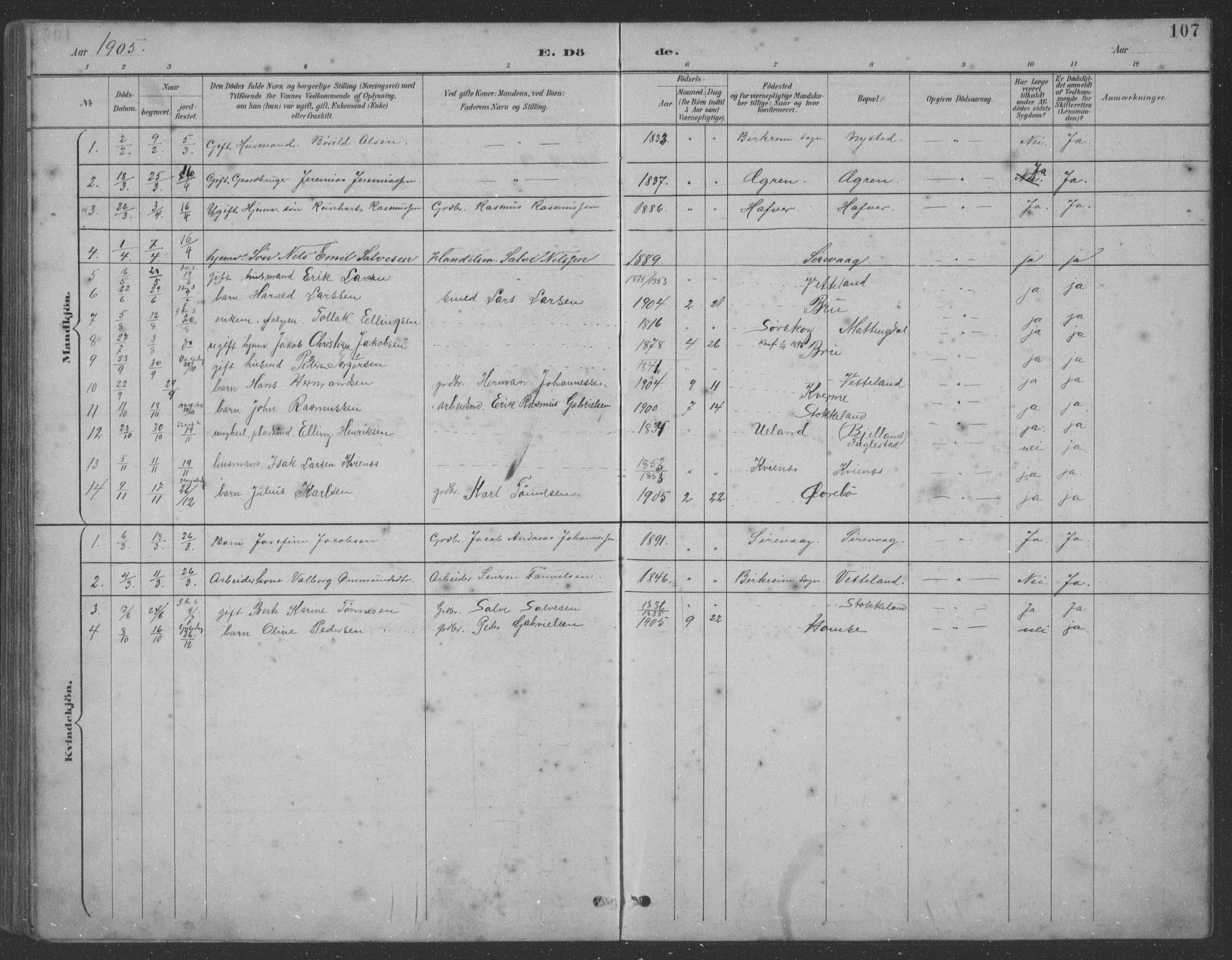 Eigersund sokneprestkontor, SAST/A-101807/S09: Parish register (copy) no. B 21, 1890-1915, p. 107