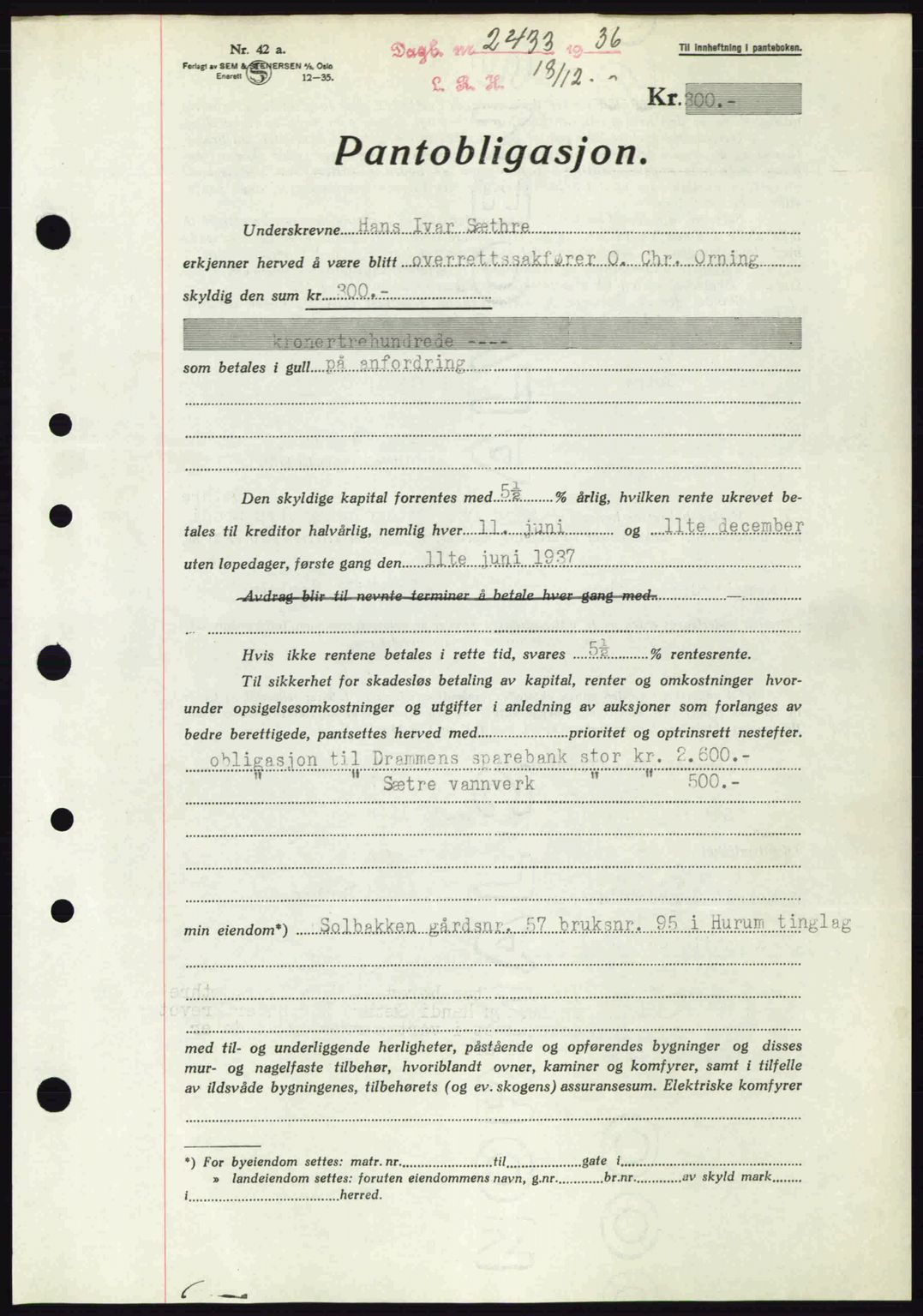 Lier, Røyken og Hurum sorenskriveri, SAKO/A-89/G/Ga/Gab/L0055: Mortgage book no. 55, 1936-1937, Diary no: : 2433/1936