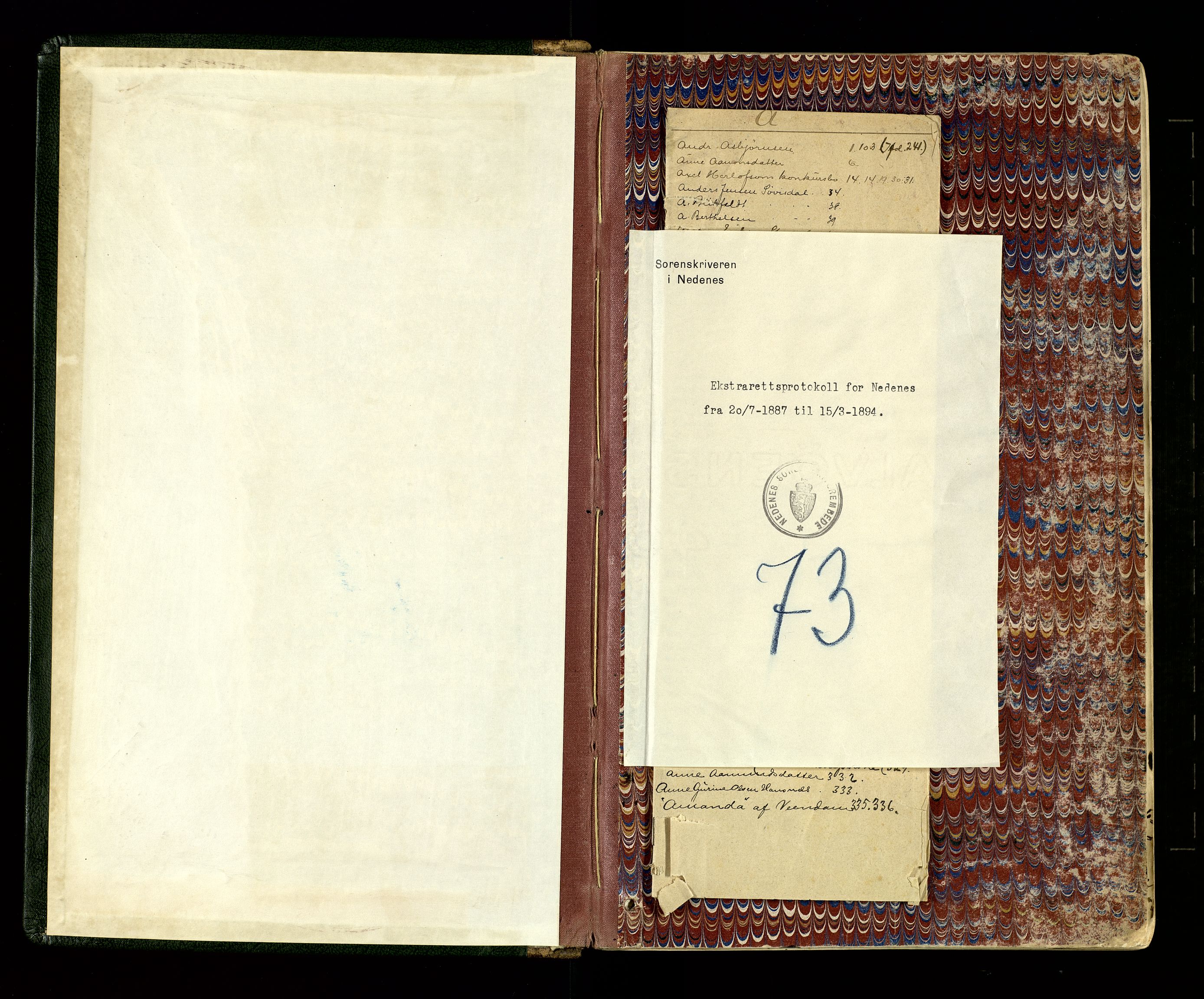 Nedenes sorenskriveri, SAK/1221-0006/F/Fb/L0006: Ekstrarettsprotokoll nr 6, 1887-1894