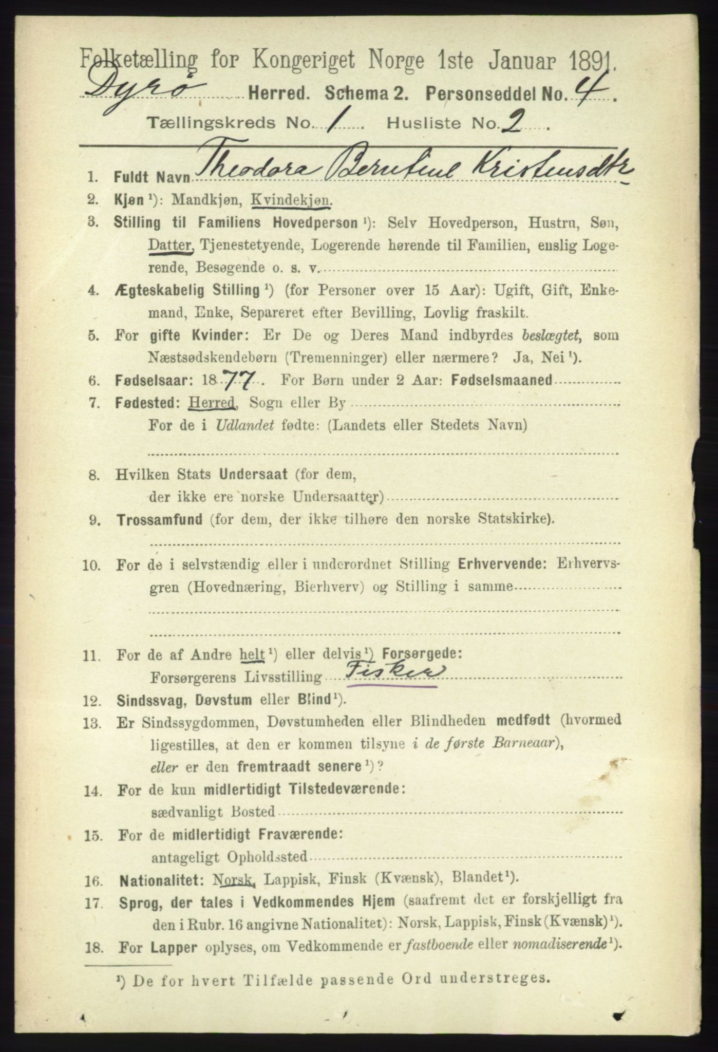 RA, 1891 census for 1926 Dyrøy, 1891, p. 80