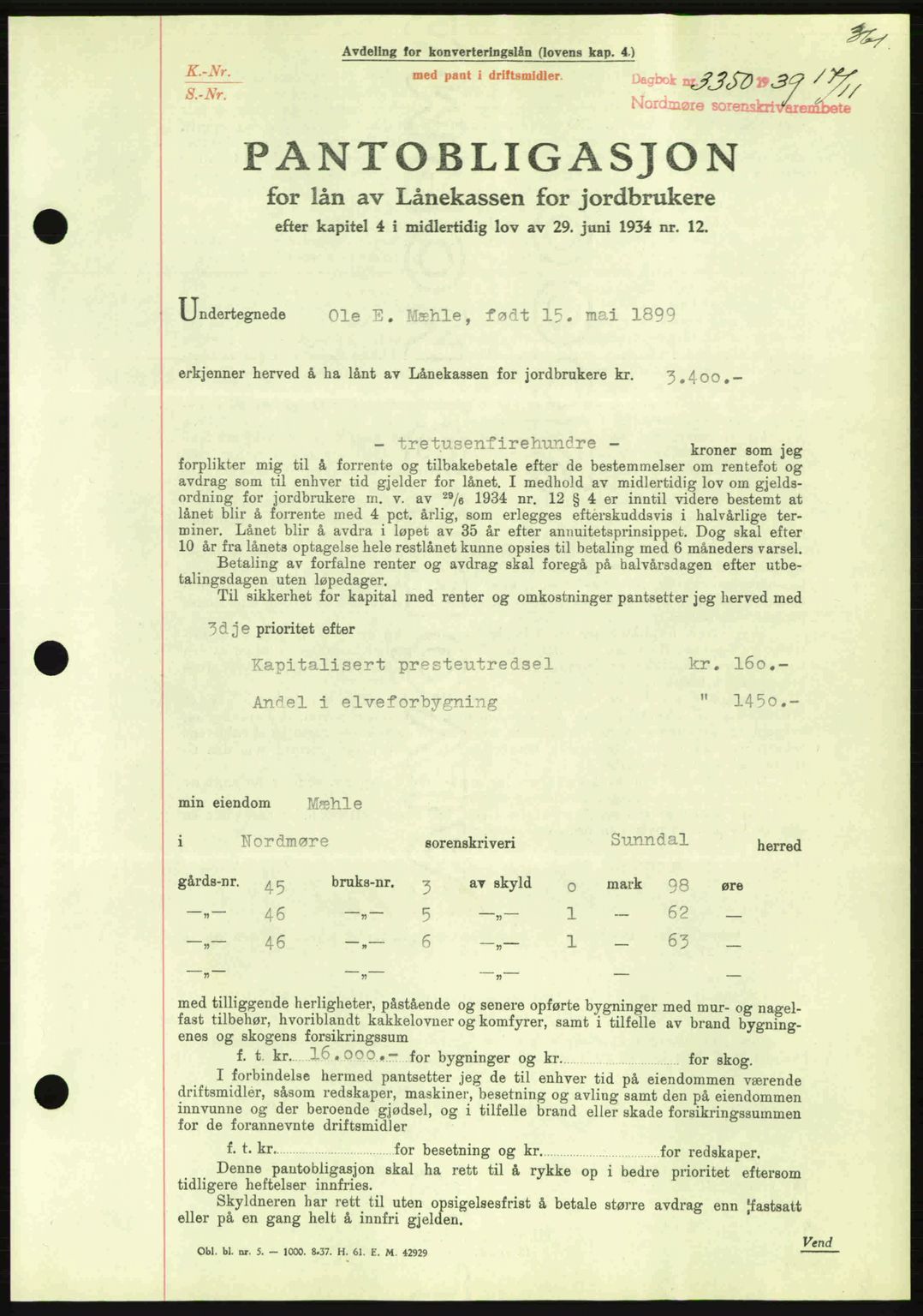 Nordmøre sorenskriveri, AV/SAT-A-4132/1/2/2Ca: Mortgage book no. B86, 1939-1940, Diary no: : 3350/1939