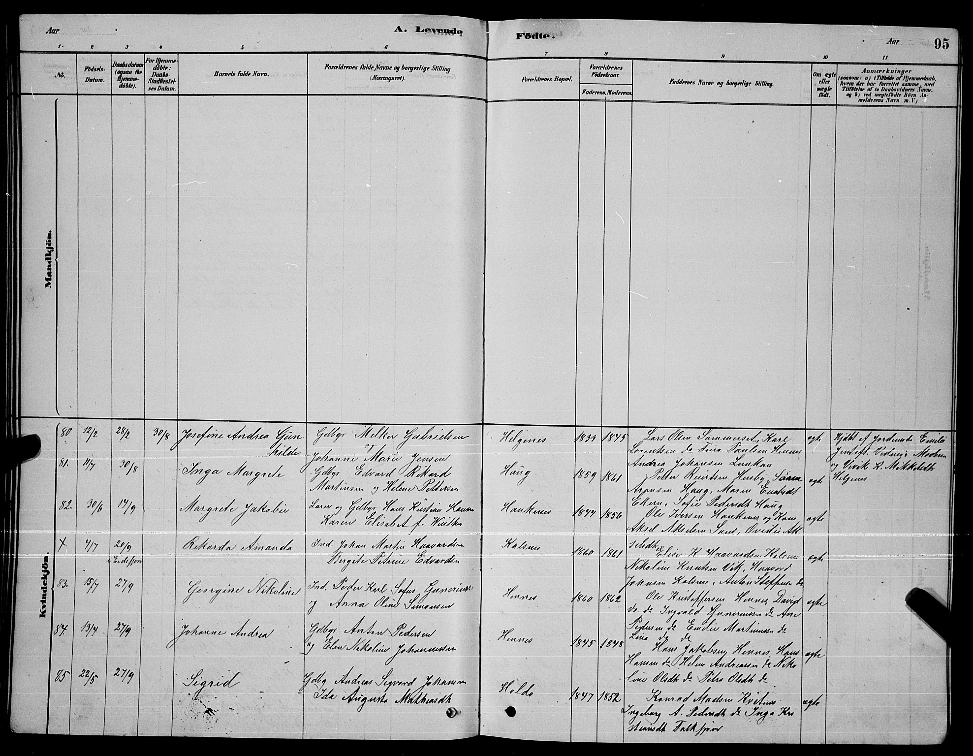Ministerialprotokoller, klokkerbøker og fødselsregistre - Nordland, AV/SAT-A-1459/888/L1267: Parish register (copy) no. 888C05, 1878-1890, p. 95